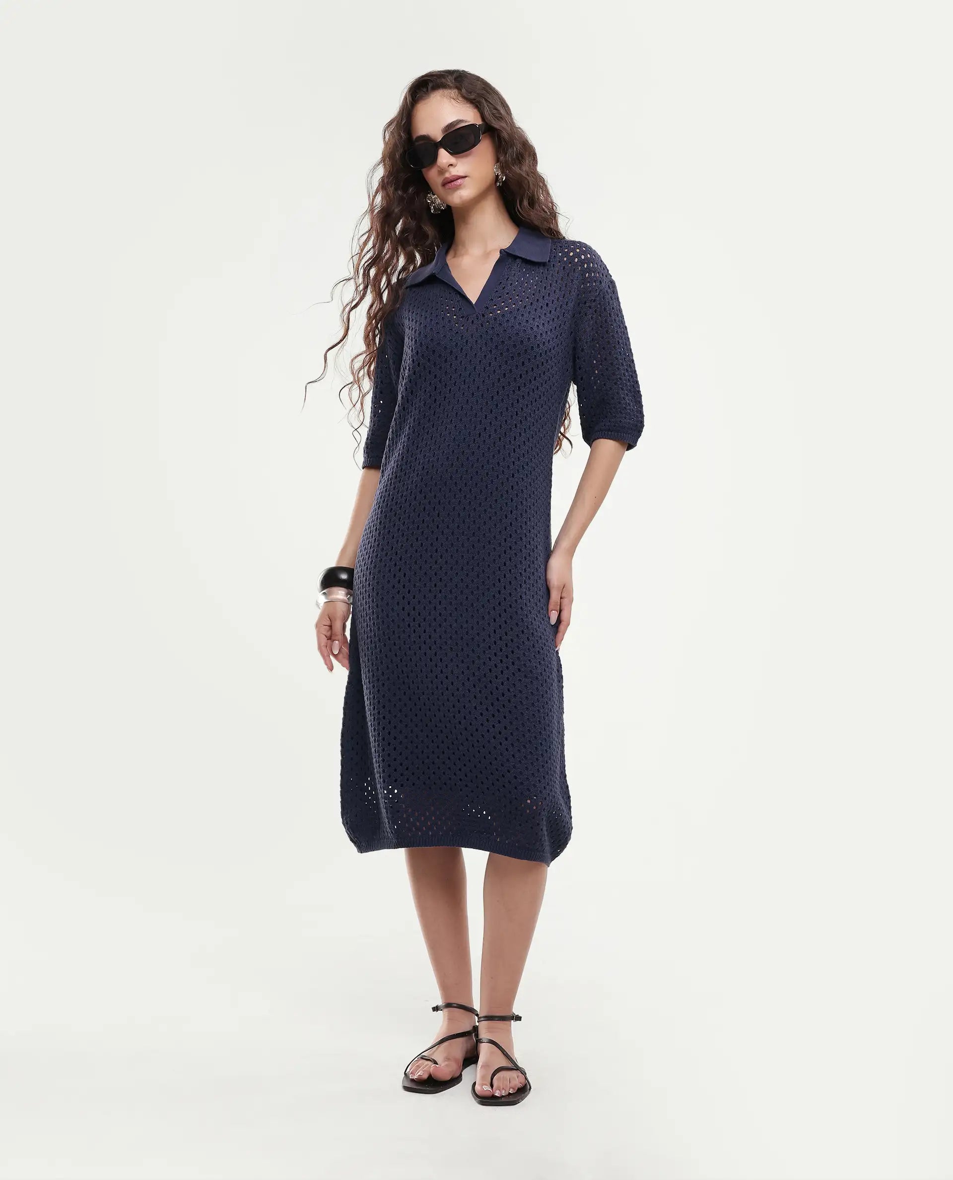 Rareism Women's Ronpen Navy Cotton Spread Collar Plain Midi Straight Fit Dress