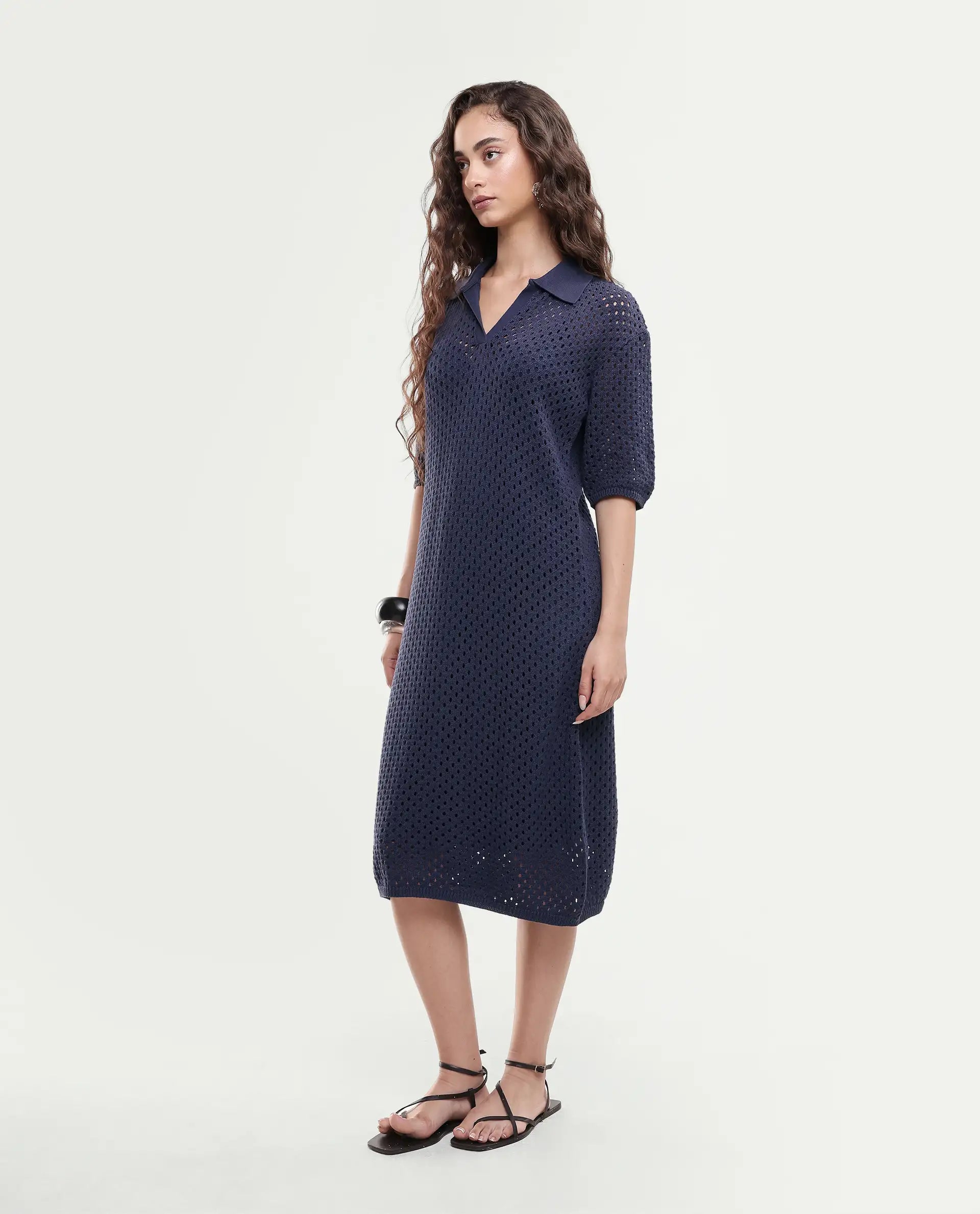 Rareism Women's Ronpen Navy Cotton Spread Collar Plain Midi Straight Fit Dress
