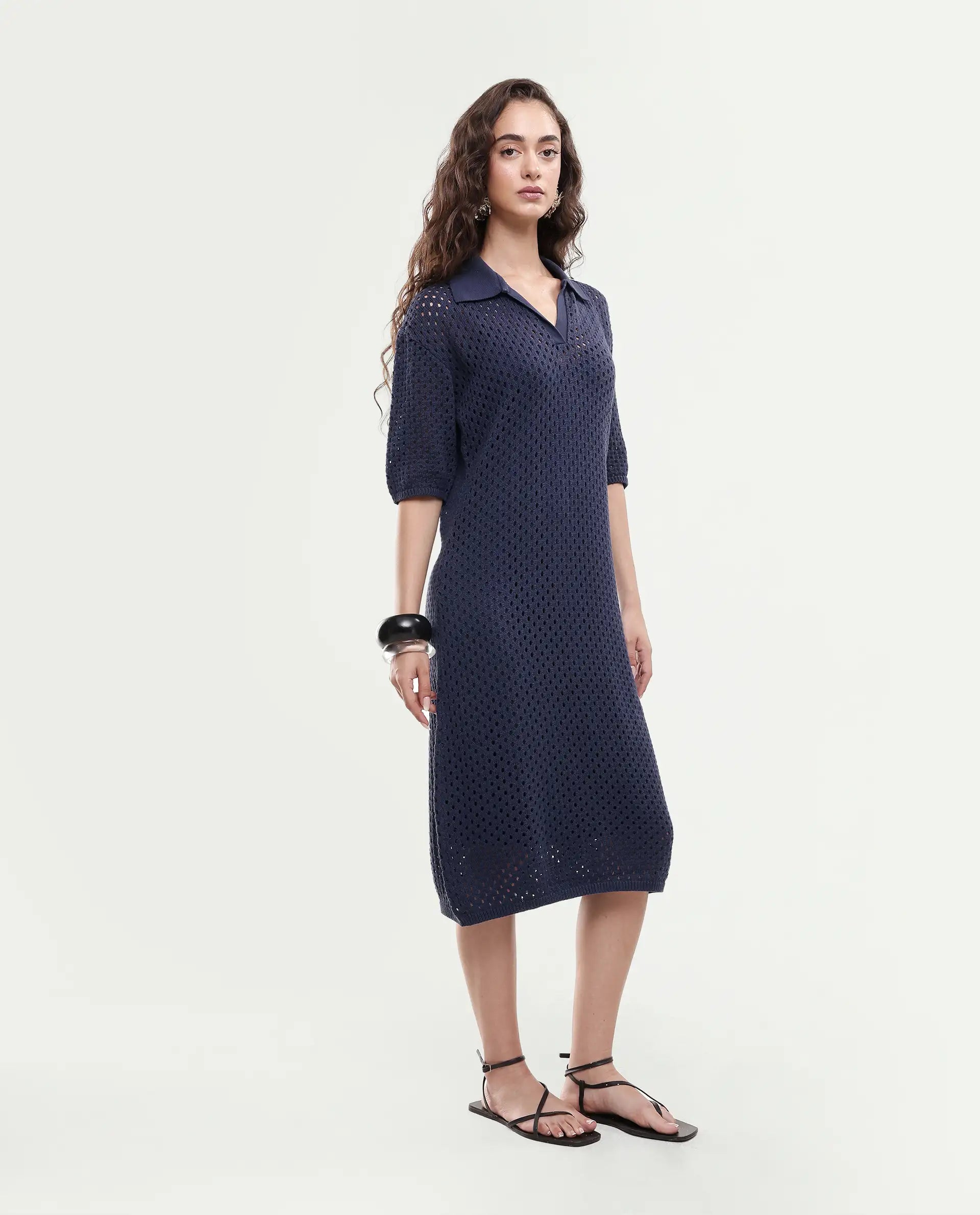 Rareism Women's Ronpen Navy Cotton Spread Collar Plain Midi Straight Fit Dress