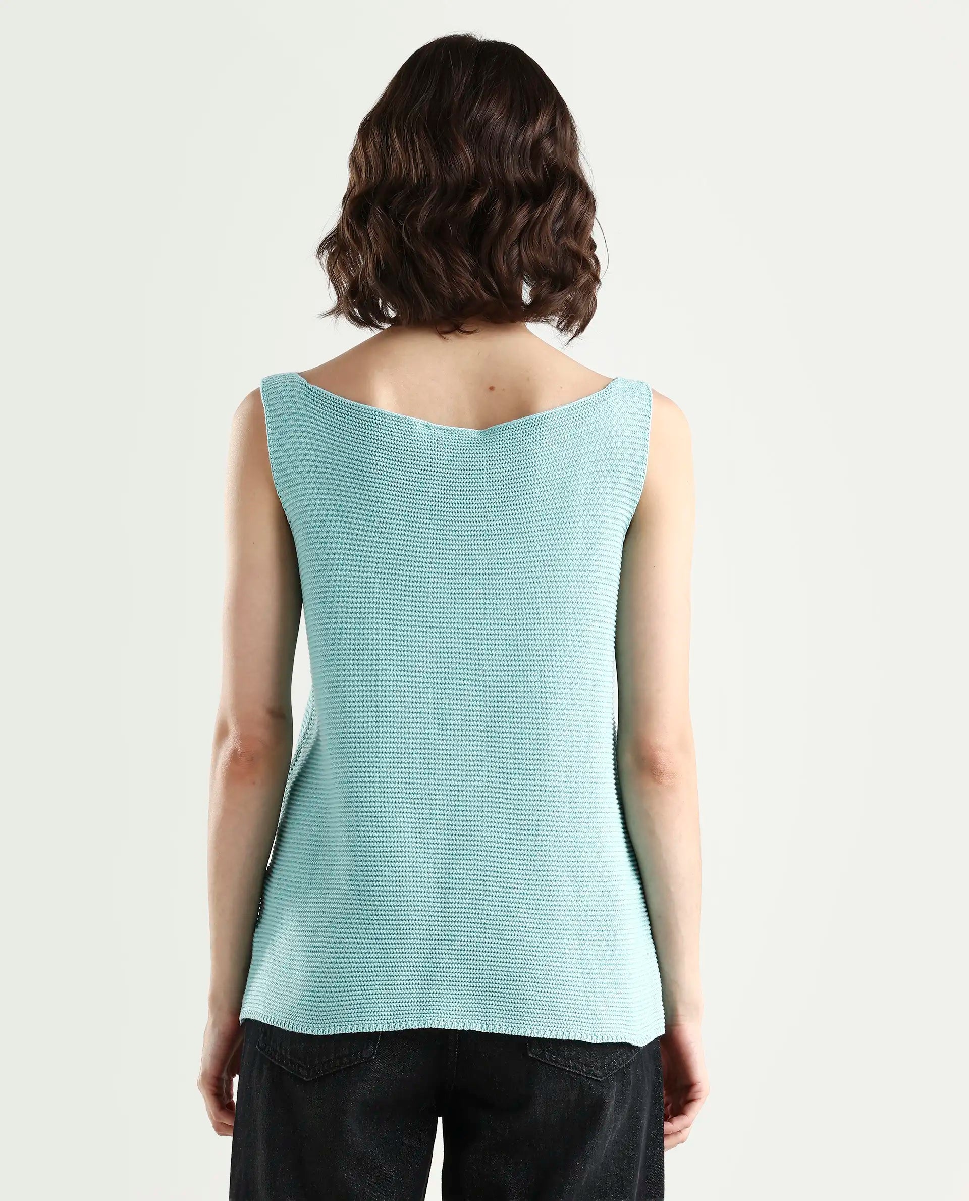 Rareism Women's Prewig Light Blue Cotton Scoop Neck Plain Sleeveless Regular Fit Top