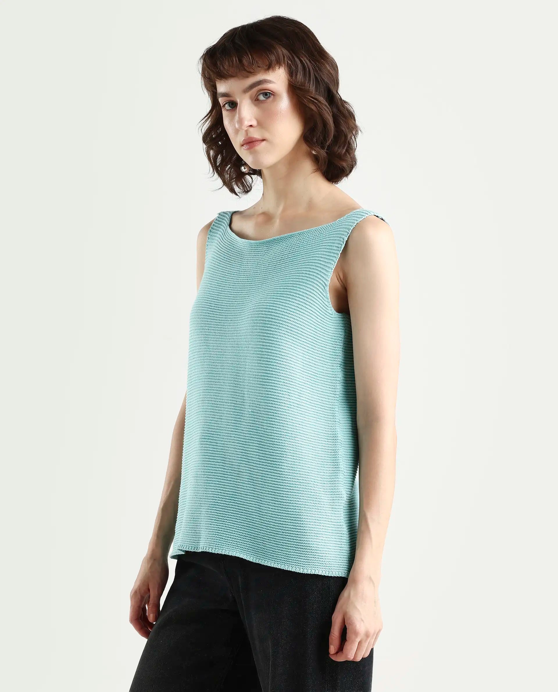 Rareism Women's Prewig Light Blue Cotton Scoop Neck Plain Sleeveless Regular Fit Top