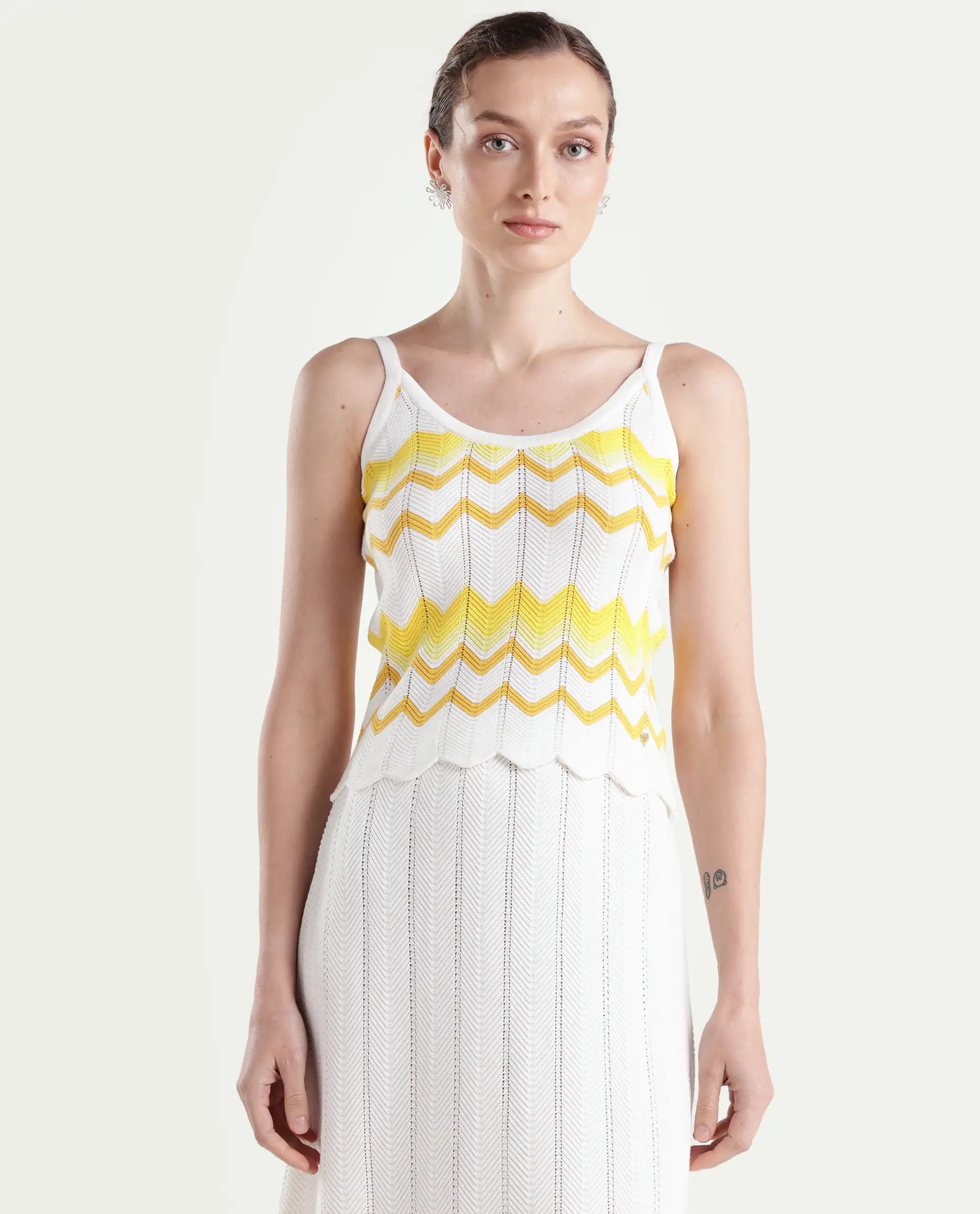 Rareism Women's Nupstir-T Yellow Cotton Shoulder Strap Knitted Sleeveless Crop Regular Fit Top