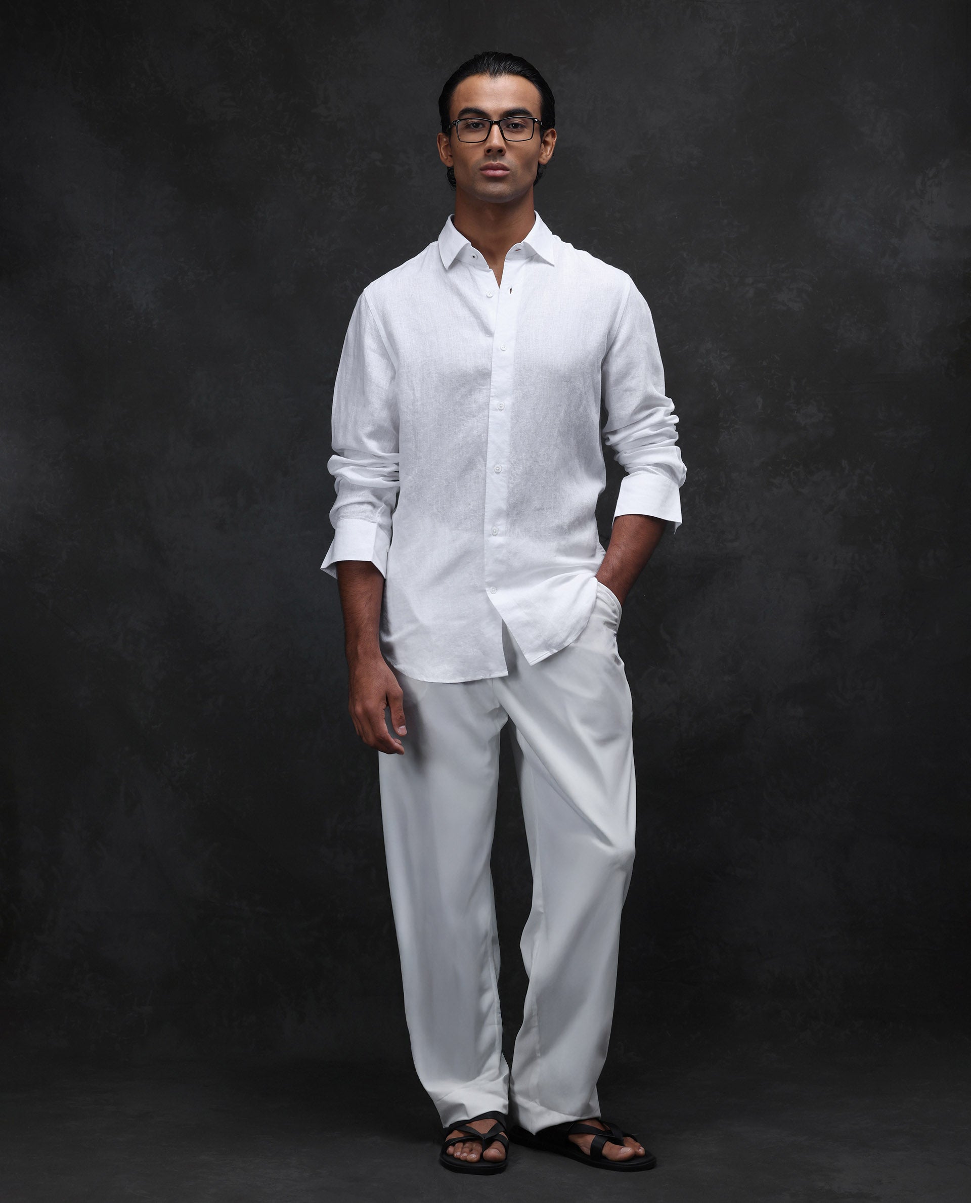 Rare Rabbit Men's Linex Ls-25 White Linen Blend Plain Regular Fit Full Sleeve Collared Shirt