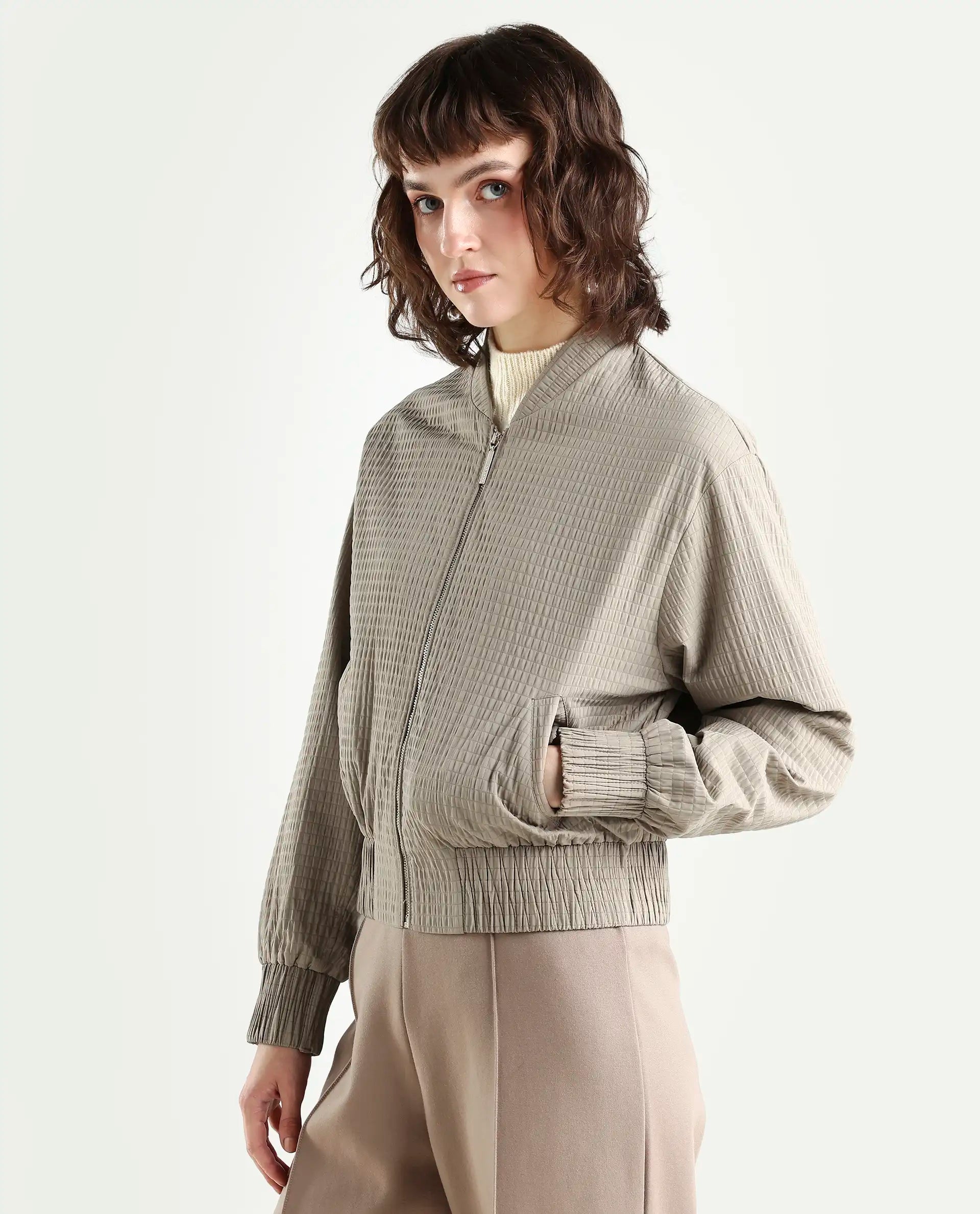 Rareism Women's Omri Cement Polyester Mandrin Collar Regular Plain Jacket