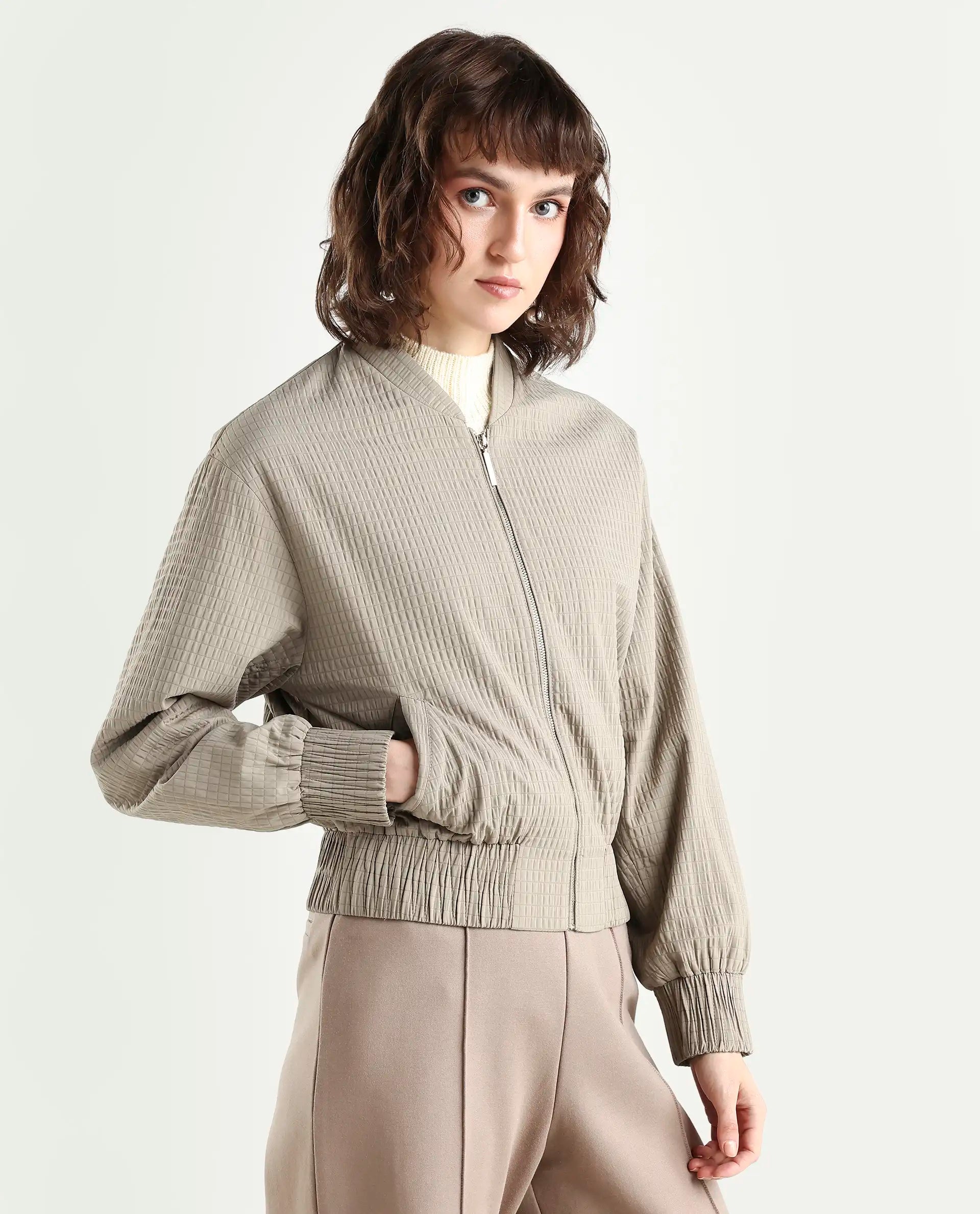 Rareism Women's Omri Cement Polyester Mandrin Collar Regular Plain Jacket