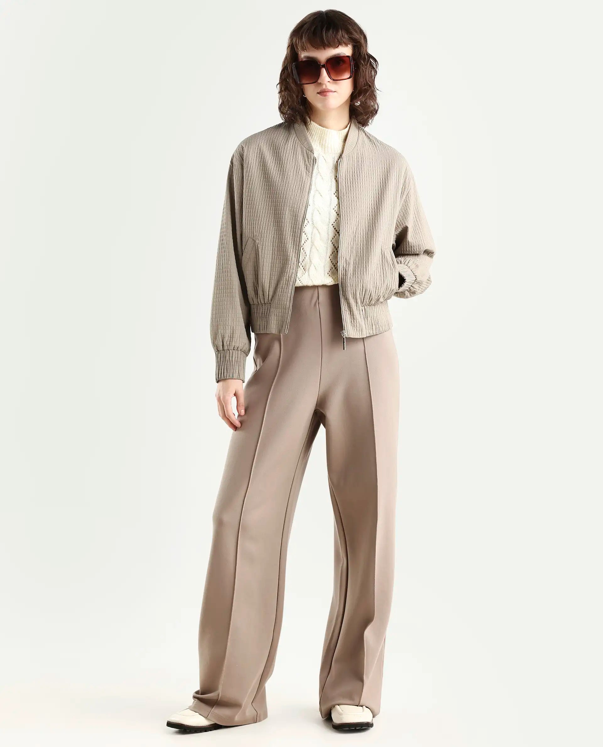 Rareism Women's Omri Cement Polyester Mandrin Collar Regular Plain Jacket