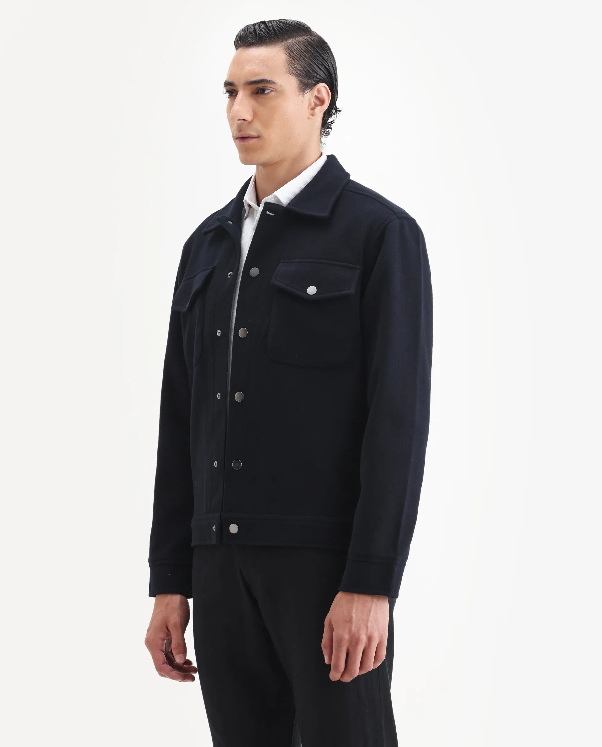 Rare Rabbit Men's Tweedo-25 Navy Olyester Textured Relaxed Fit Full Sleeve Spread Collar Jacket