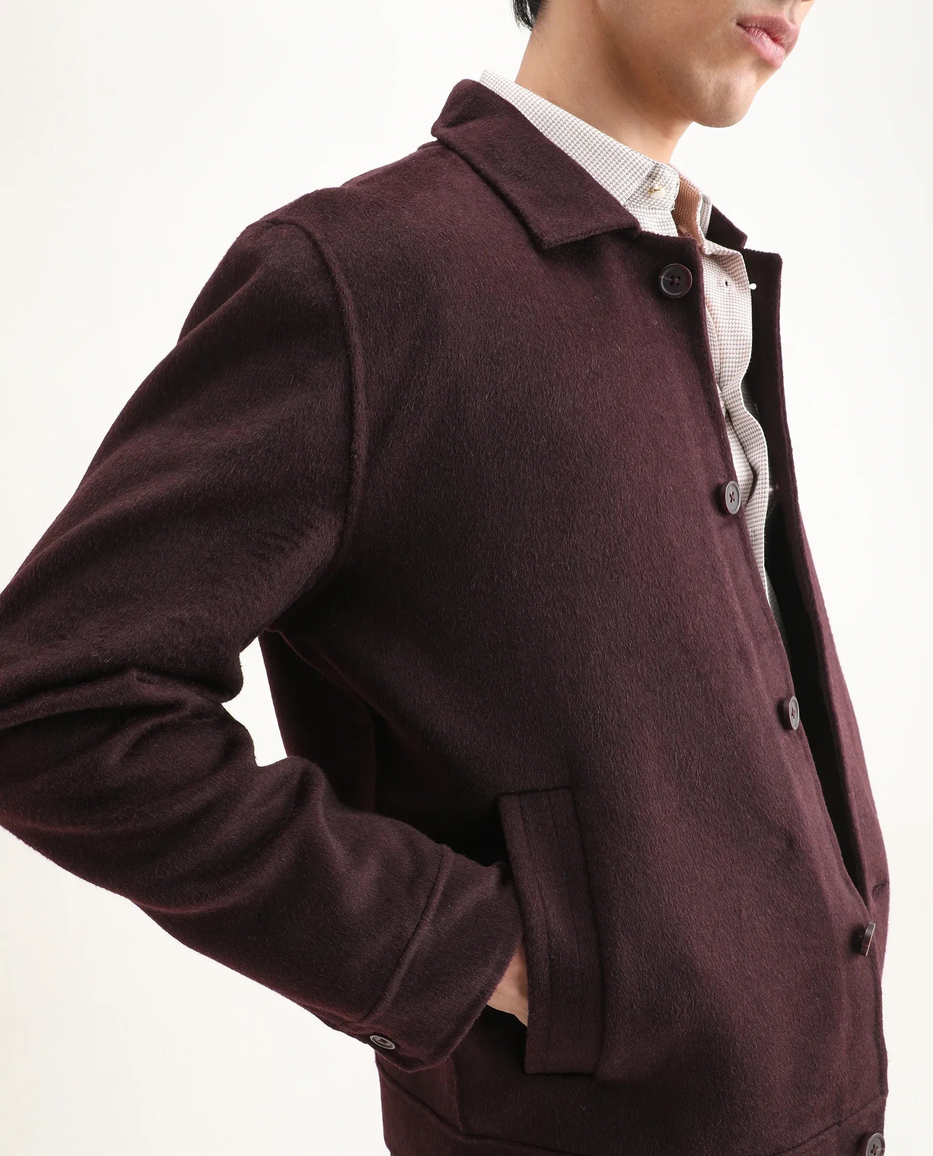 Rare Rabbit Men's Kanei Dark Maroon Polyester Blend Fabric Collared Neck Regular Plain Jacket