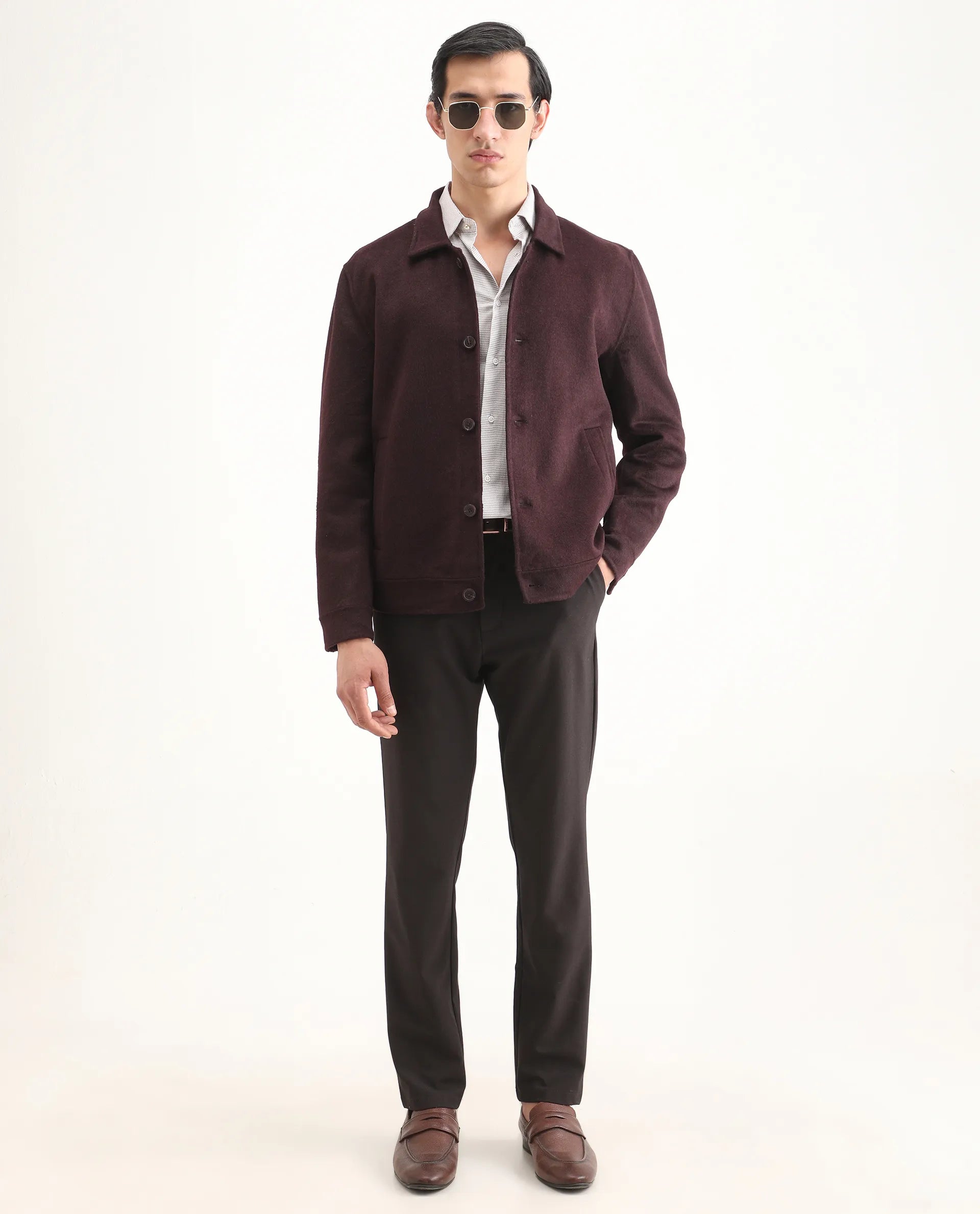Rare Rabbit Men's Kanei Dark Maroon Polyester Blend Fabric Collared Neck Regular Plain Jacket