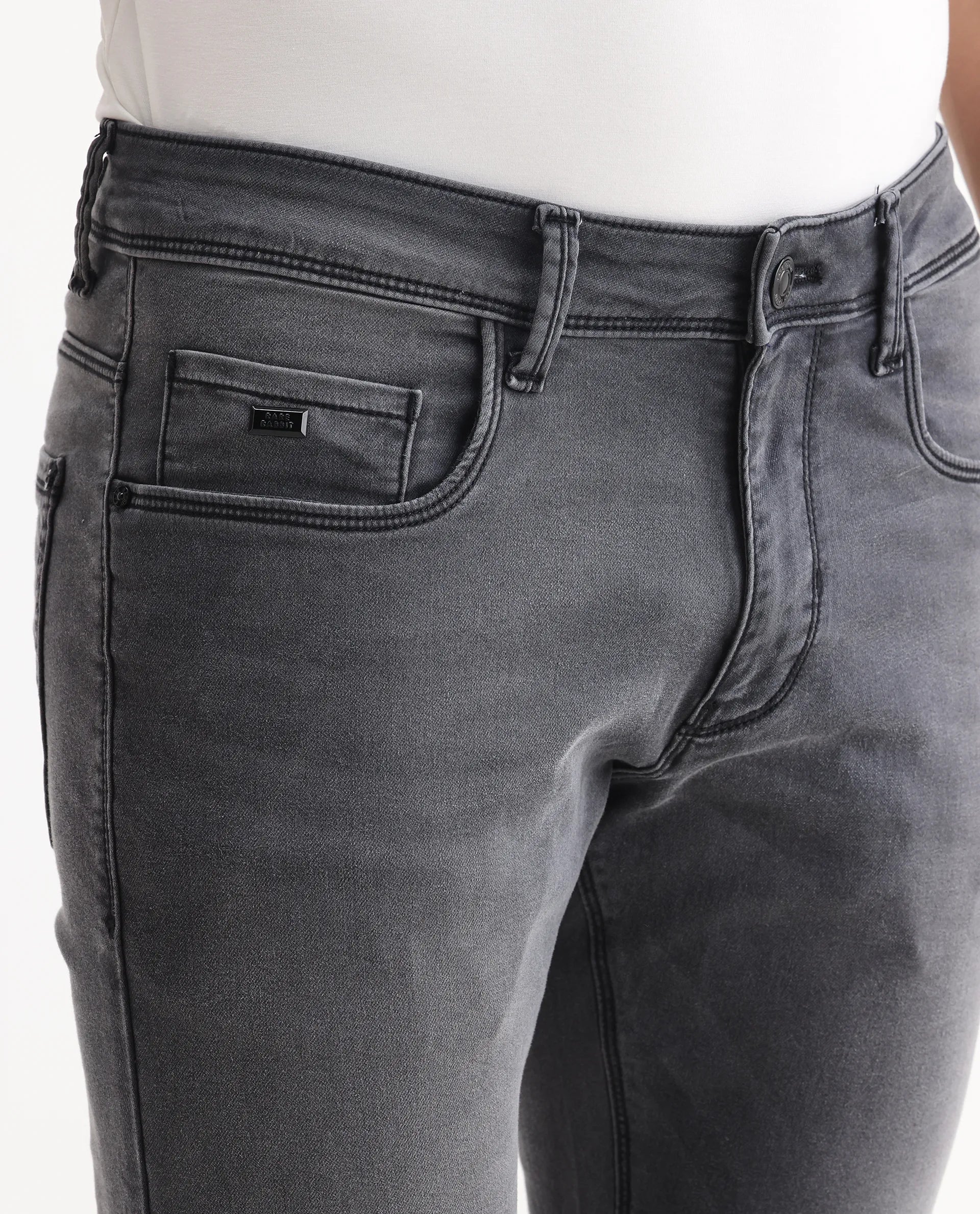 Rare Rabbit Men's Switz-1 Dark Grey Cotton Blend Fabric Hawk Slim Plain Jeans