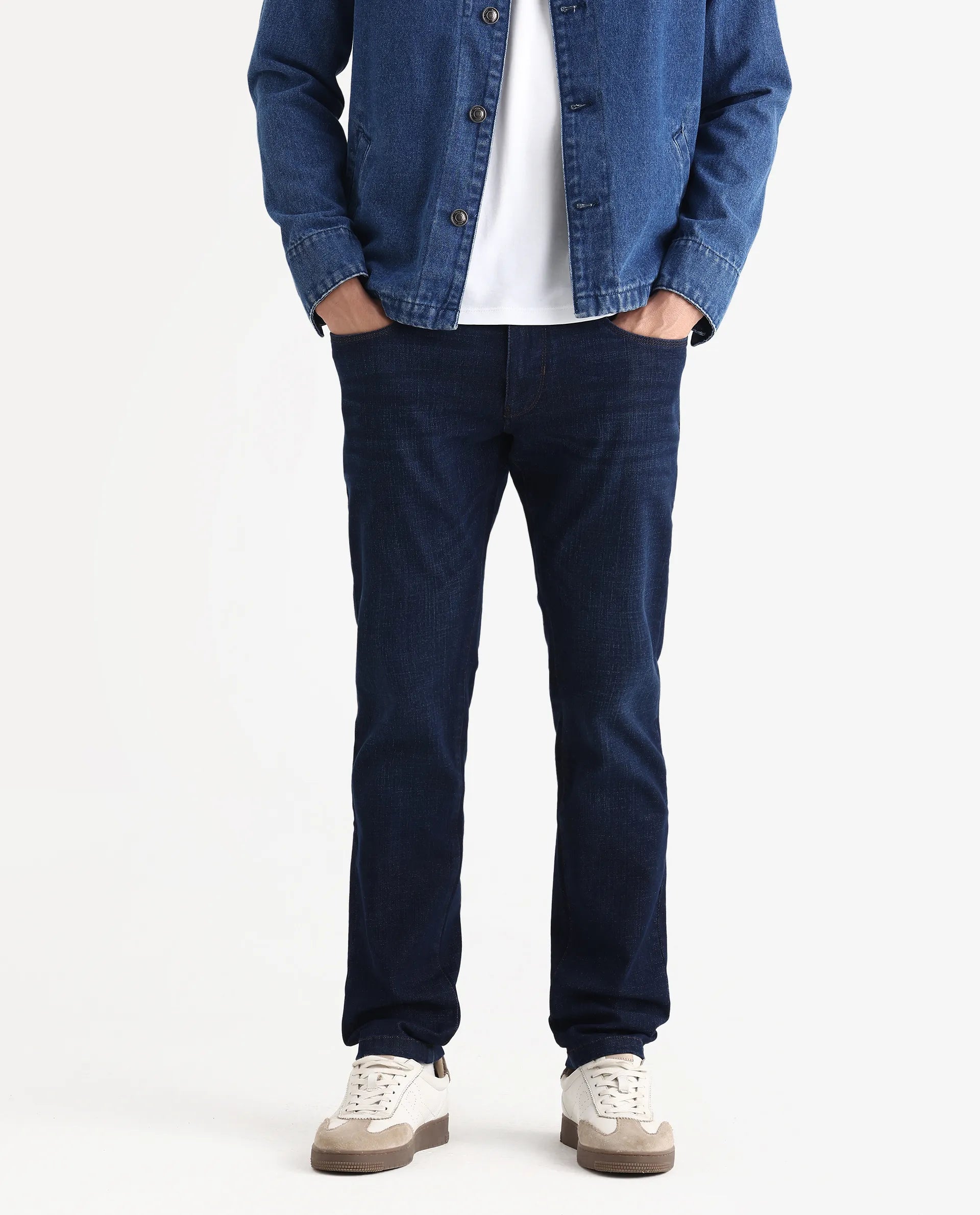 Rare Rabbit Men's Ledo-1 Dark Navy Cotton Blend Fabric Hawk Slim Plain Jeans