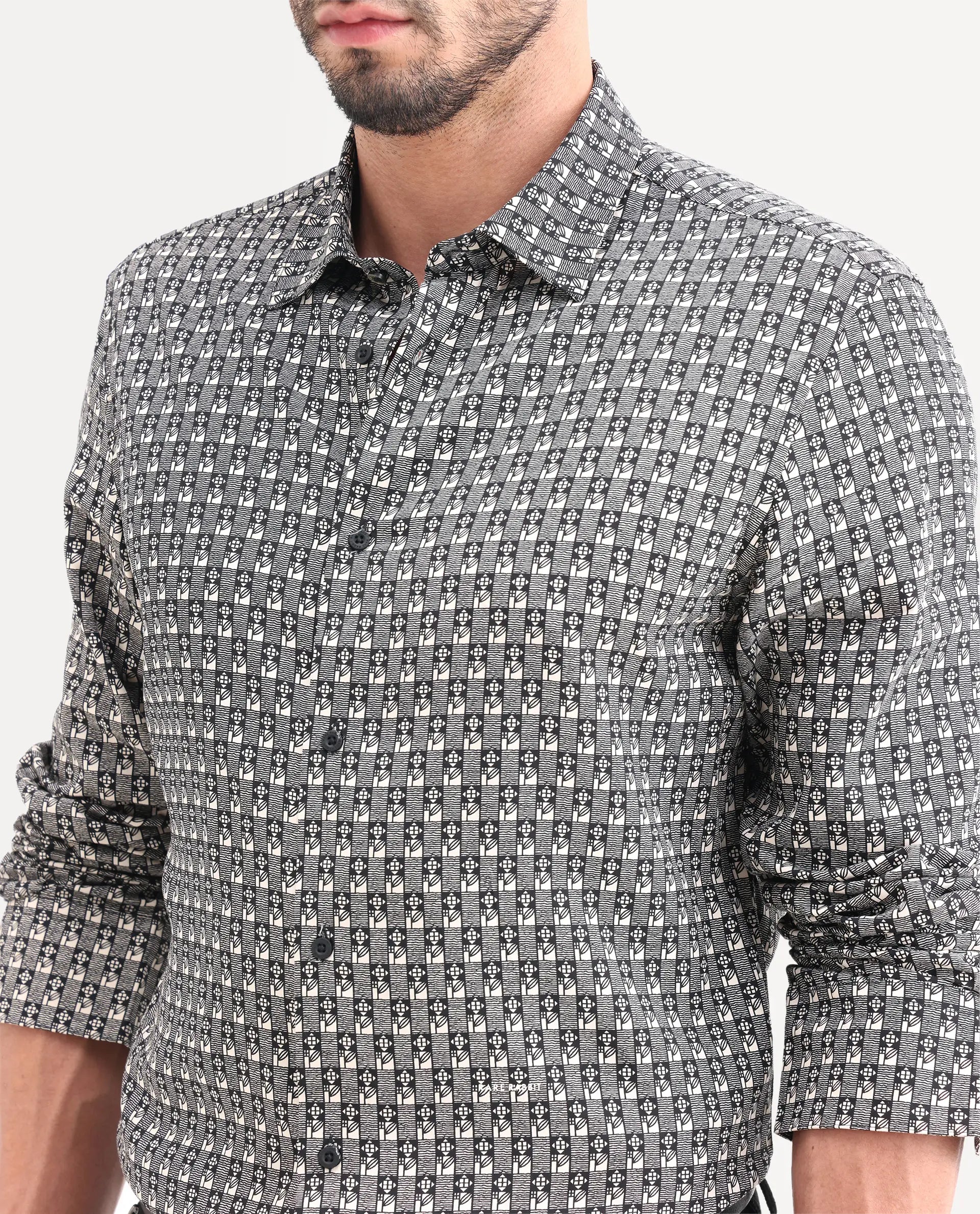 Rare Rabbit Men's Vitry-25 Black Viscose Blend Fabric Spread Collar Regular Fit Jacquard Shirt