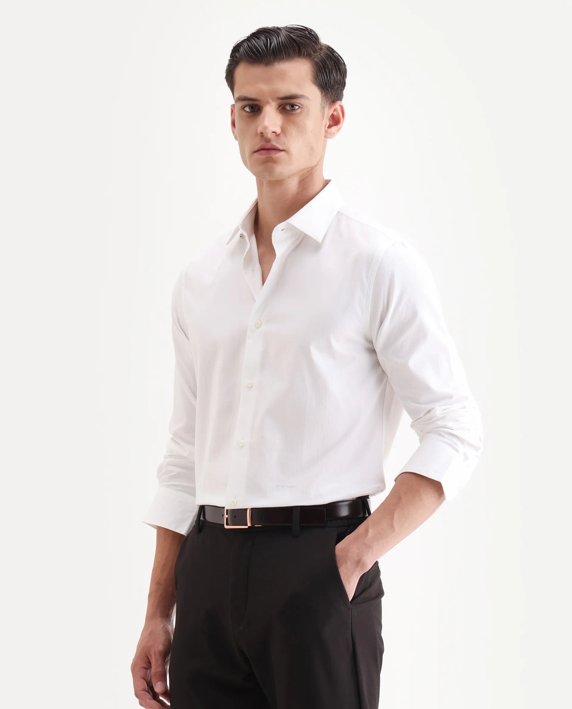 Rare Rabbit Men's Centi-25 White Cotton Fabric Spread Collar Regular Fit Plain Shirt
