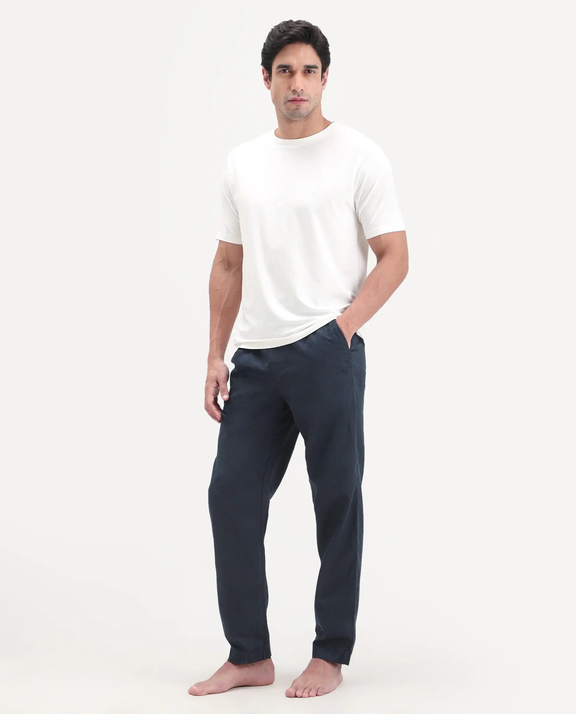 Rare Rabbit Men's Mariv Navy Cotton Fabric Regular Fit Checks Pajama