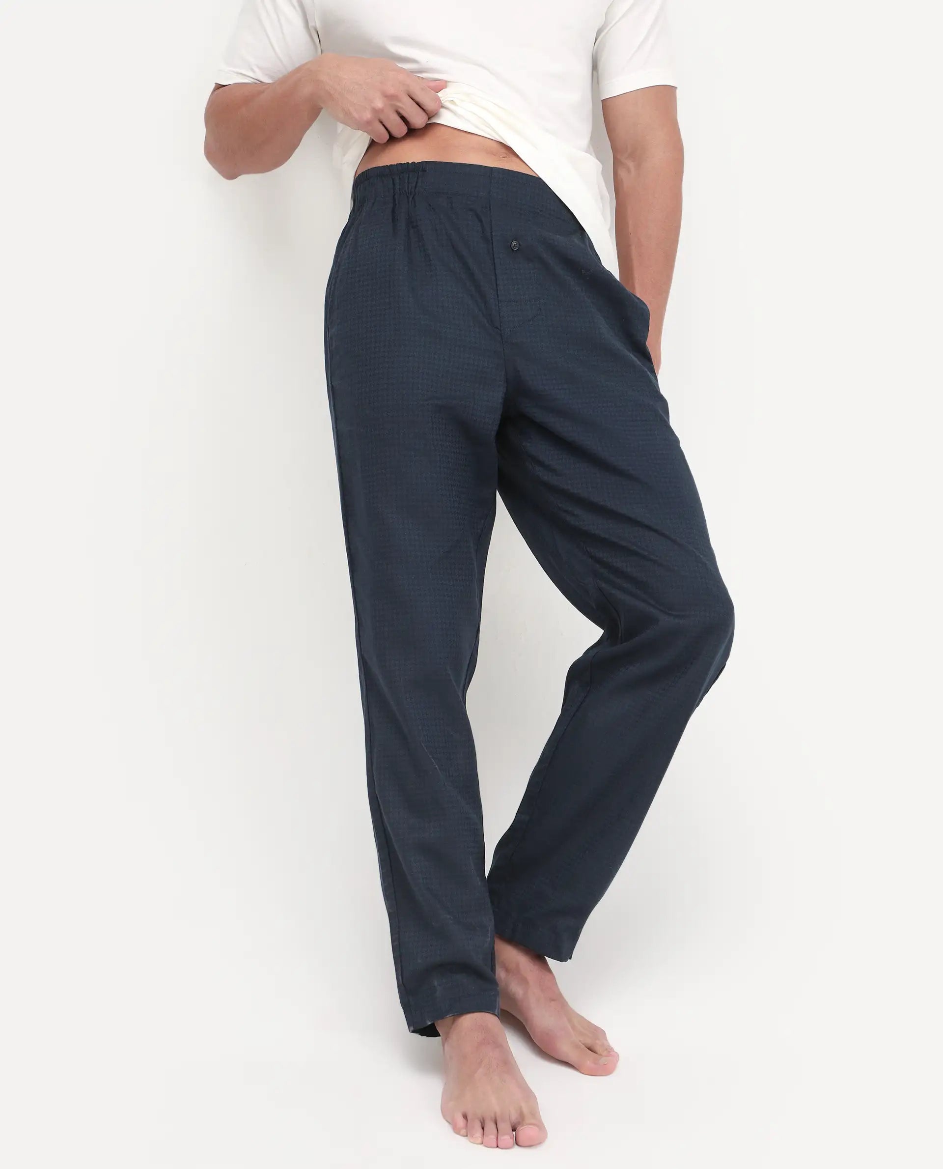 Rare Rabbit Men's Mariv Navy Cotton Fabric Regular Fit Checks Pajama