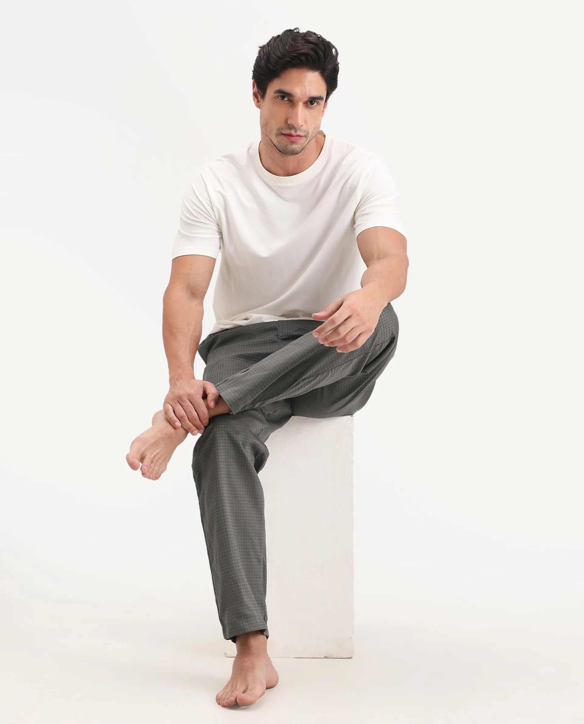 Rare Rabbit Men's Mariv Dark Grey Cotton Fabric Regular Fit Checks Pajama