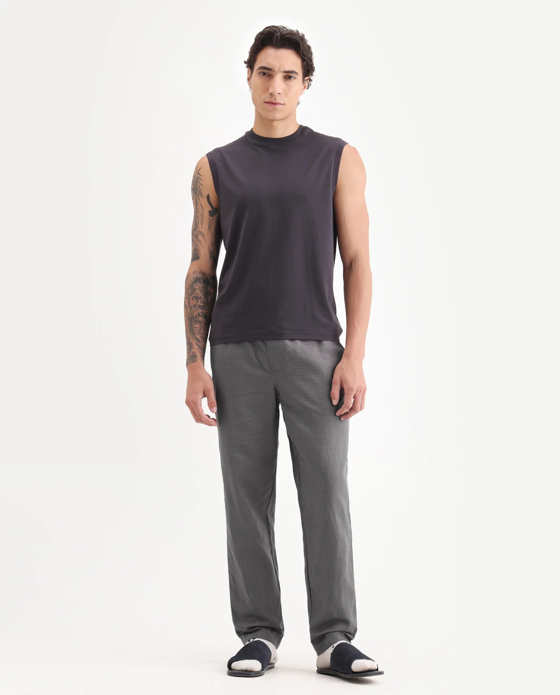 Rare Rabbit Men's Mariv Dark Grey Cotton Fabric Regular Fit Checks Pajama