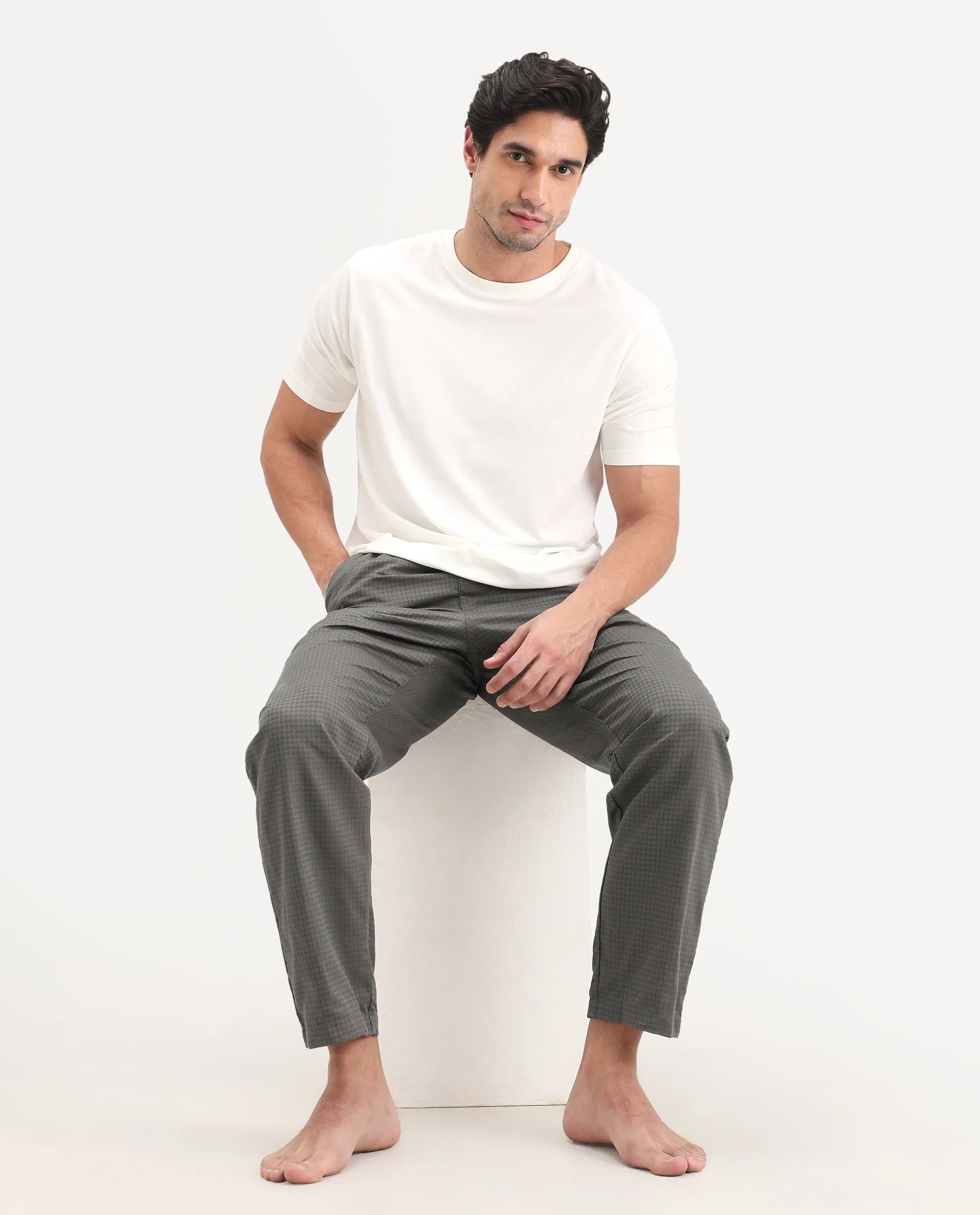 Rare Rabbit Men's Mariv Dark Grey Cotton Fabric Regular Fit Checks Pajama