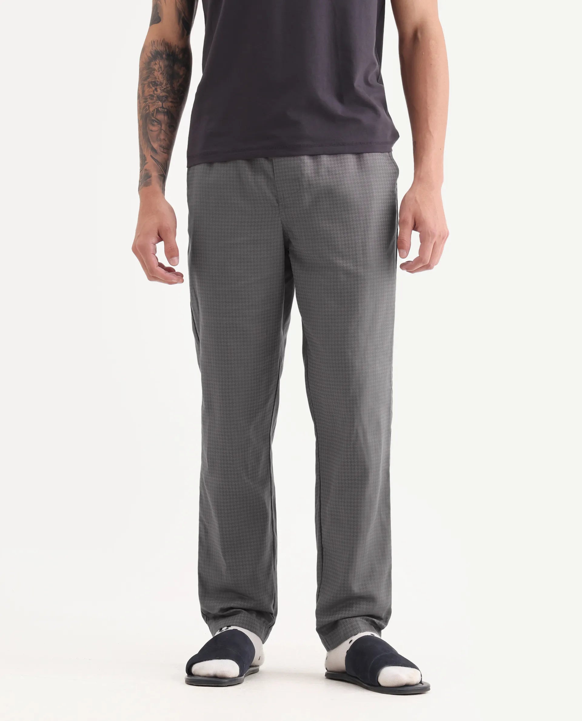 Rare Rabbit Men's Mariv Dark Grey Cotton Fabric Regular Fit Checks Pajama