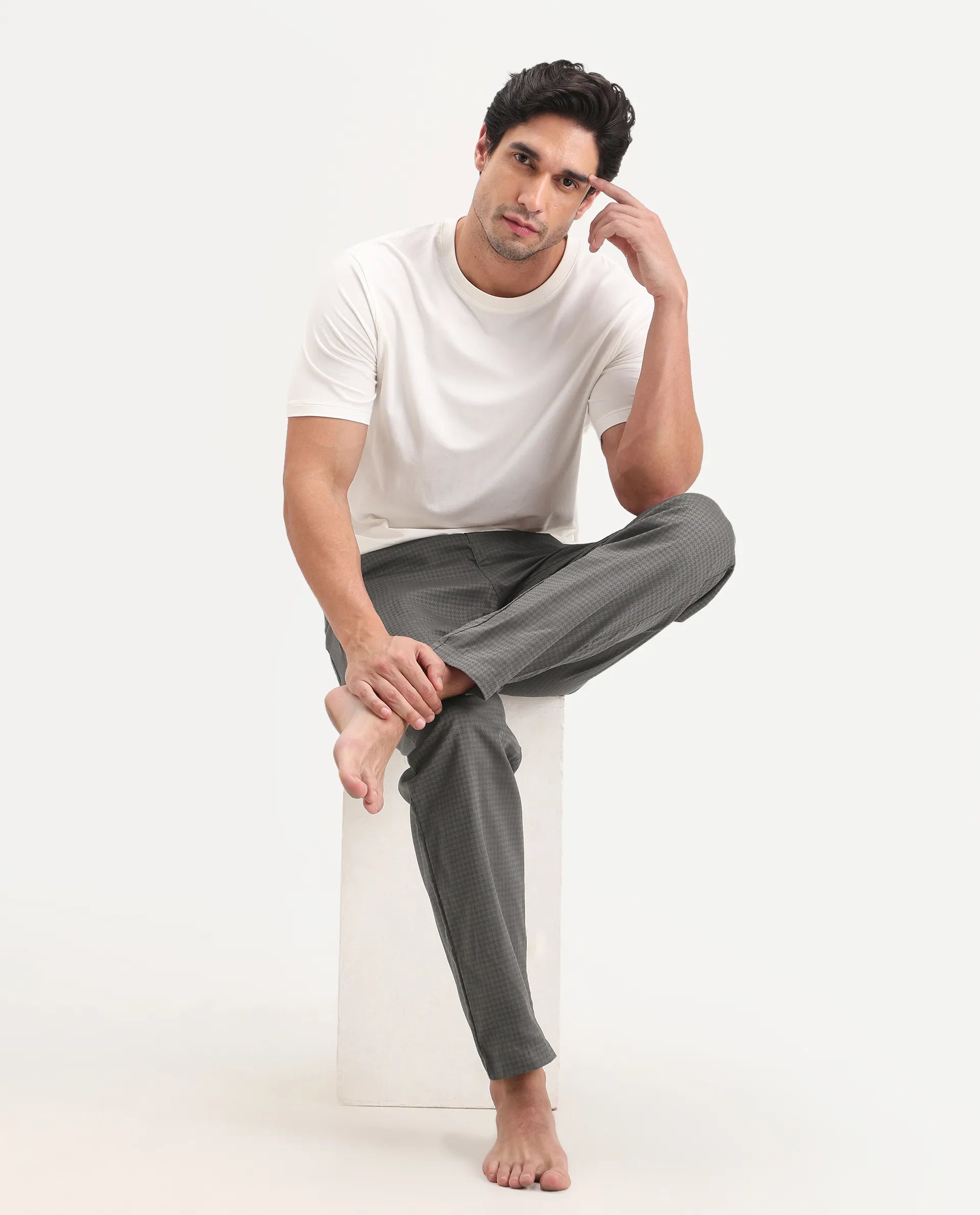 Rare Rabbit Men's Mariv Dark Grey Cotton Fabric Regular Fit Checks Pajama