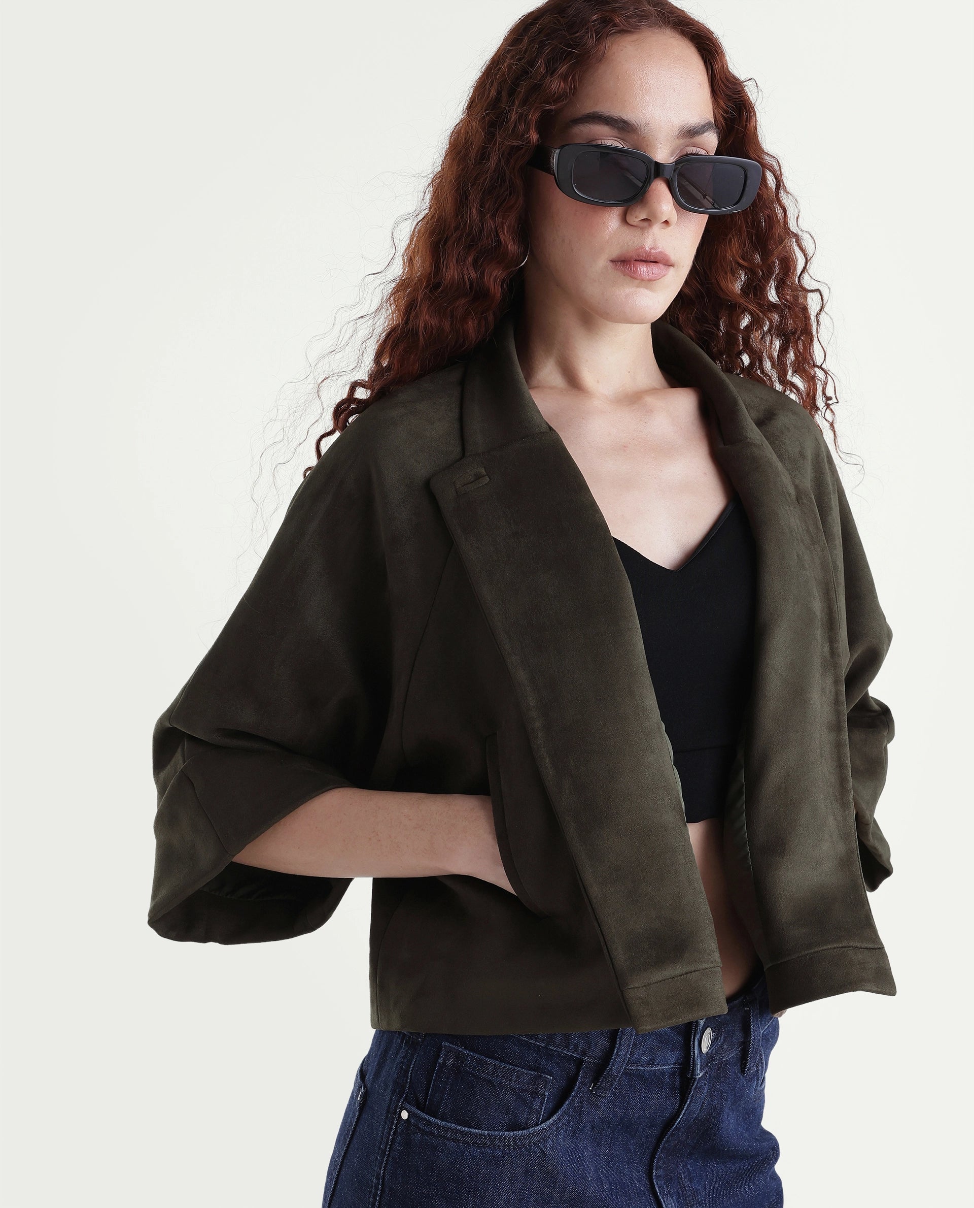 Rareism Women's Vacape Olive Plain Polyester Blend Relaxed Three Quarter Sleeve Jacket