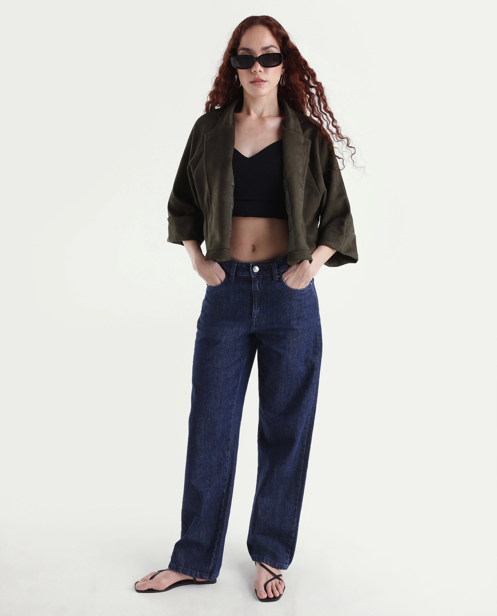 Rareism Women's Vacape Olive Plain Polyester Blend Relaxed Three Quarter Sleeve Jacket