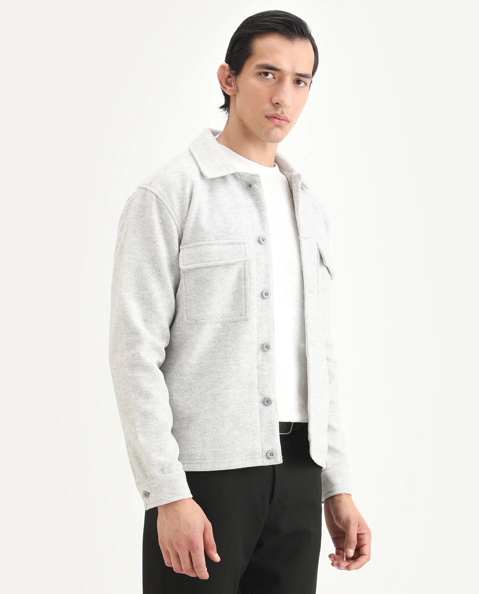Rare Rabbit Men's Bensko Light Grey Polyester Fabric Spread Collar Regular Fit Plain Jacket