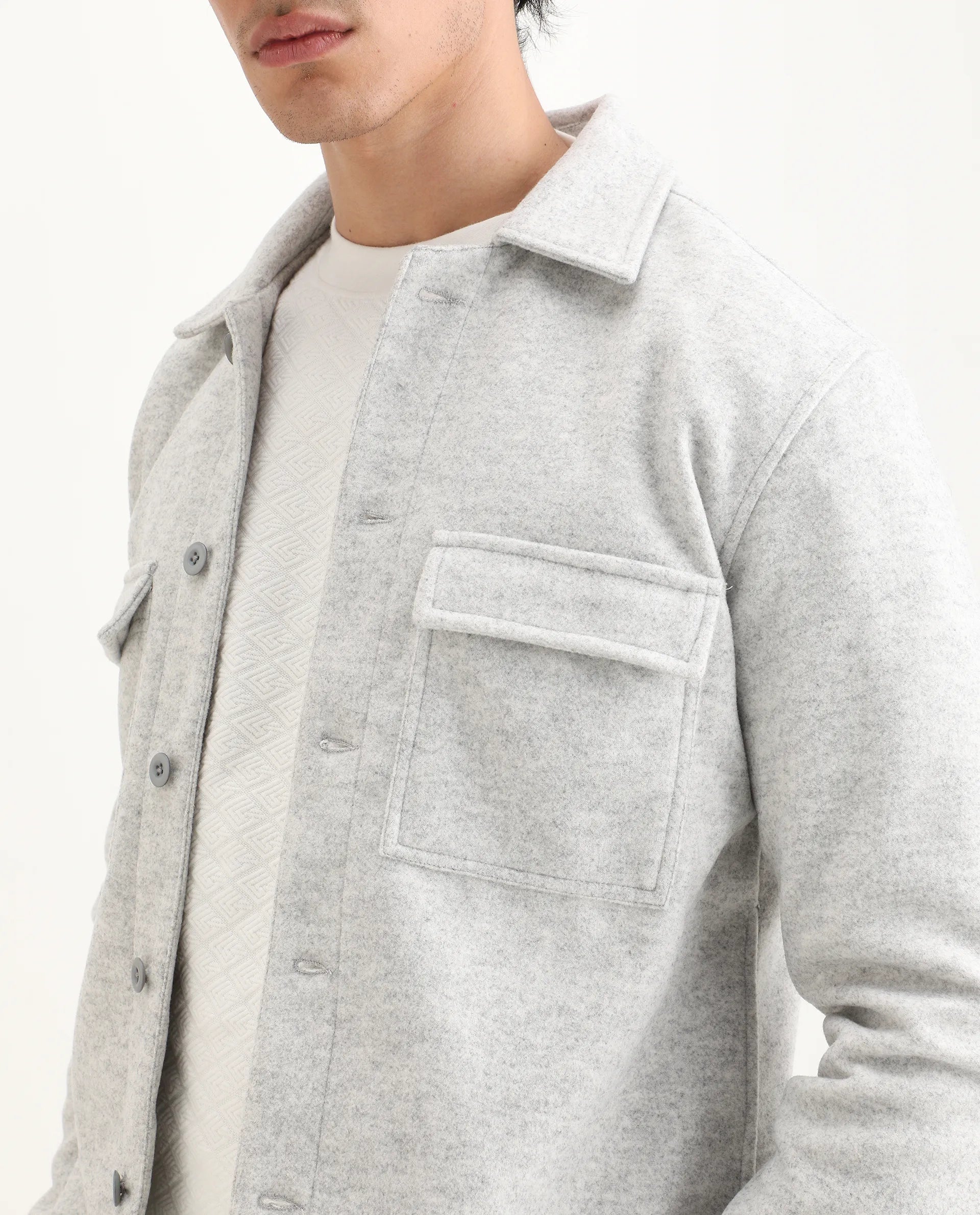 Rare Rabbit Men's Bensko Light Grey Polyester Fabric Spread Collar Regular Fit Plain Jacket