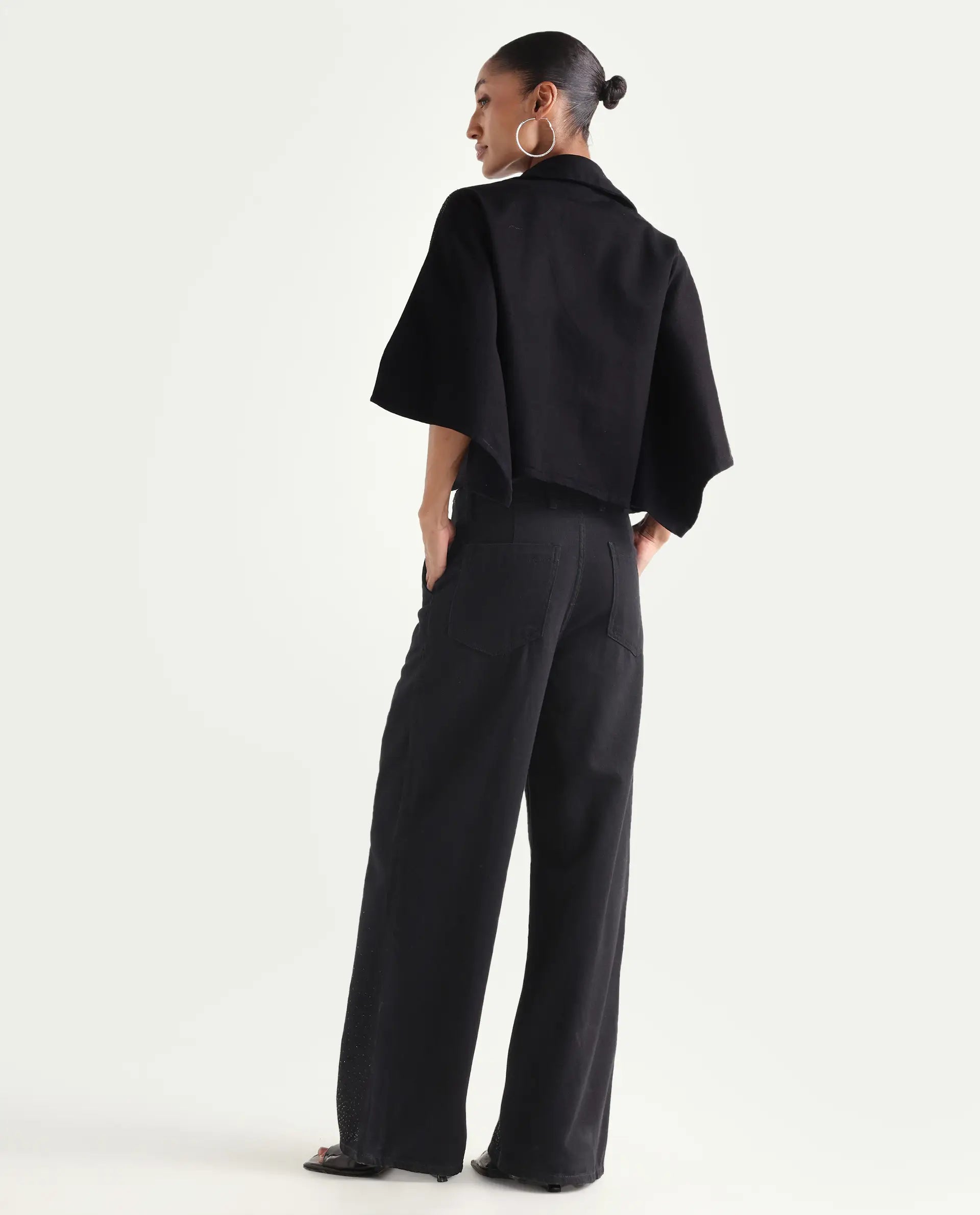 Rareism Women's Denir Black Cotton Wide Plain Denim
