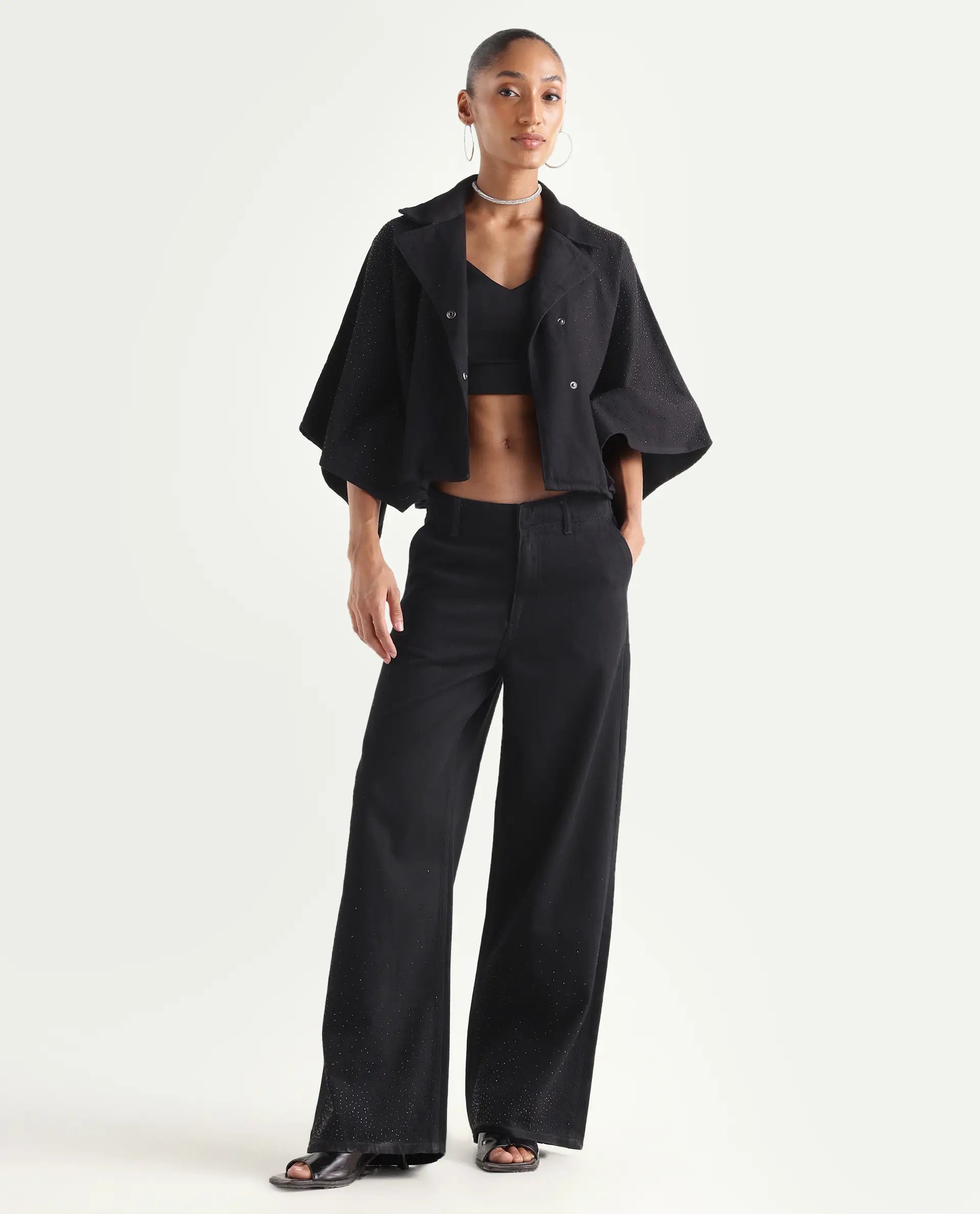 Rareism Women's Denir Black Cotton Wide Plain Denim