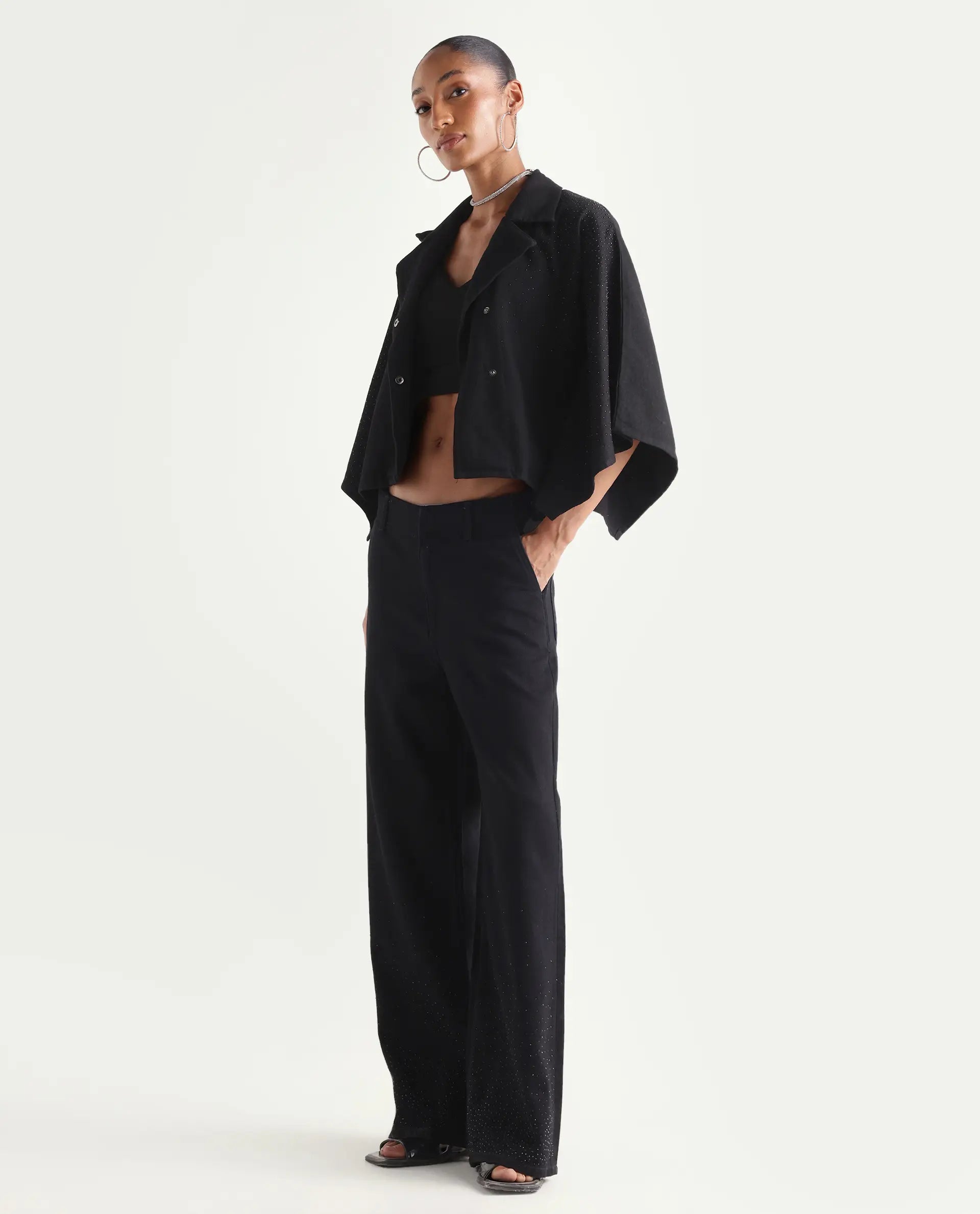 Rareism Women's Denir Black Cotton Wide Plain Denim