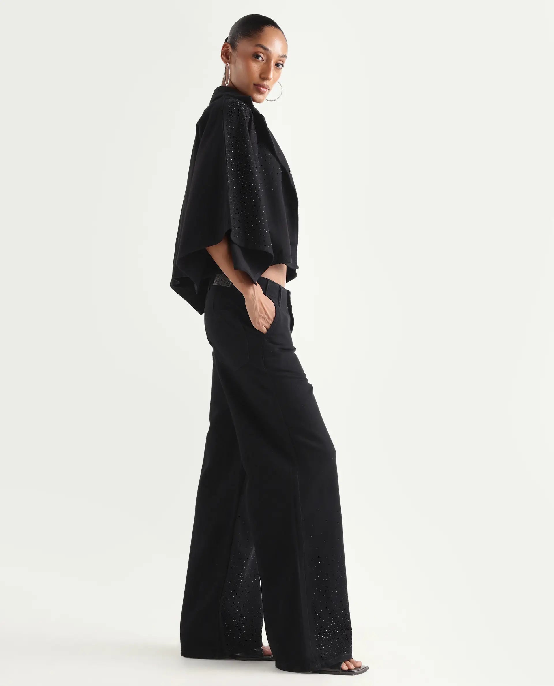 Rareism Women's Denir Black Cotton Wide Plain Denim