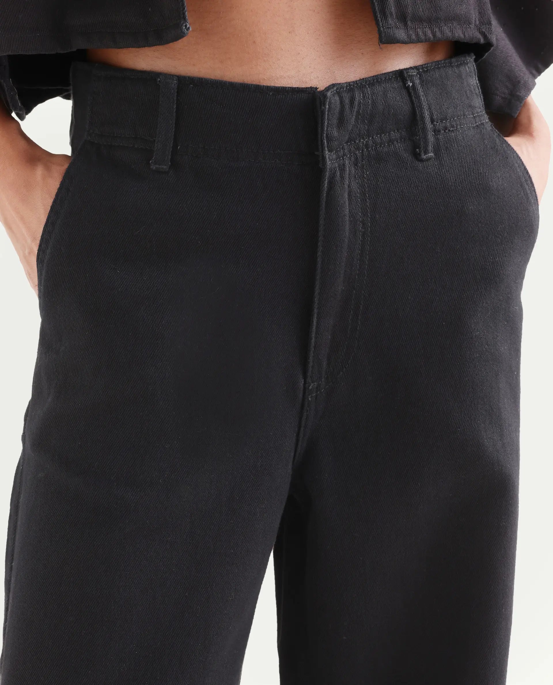 Rareism Women's Denir Black Cotton Wide Plain Denim
