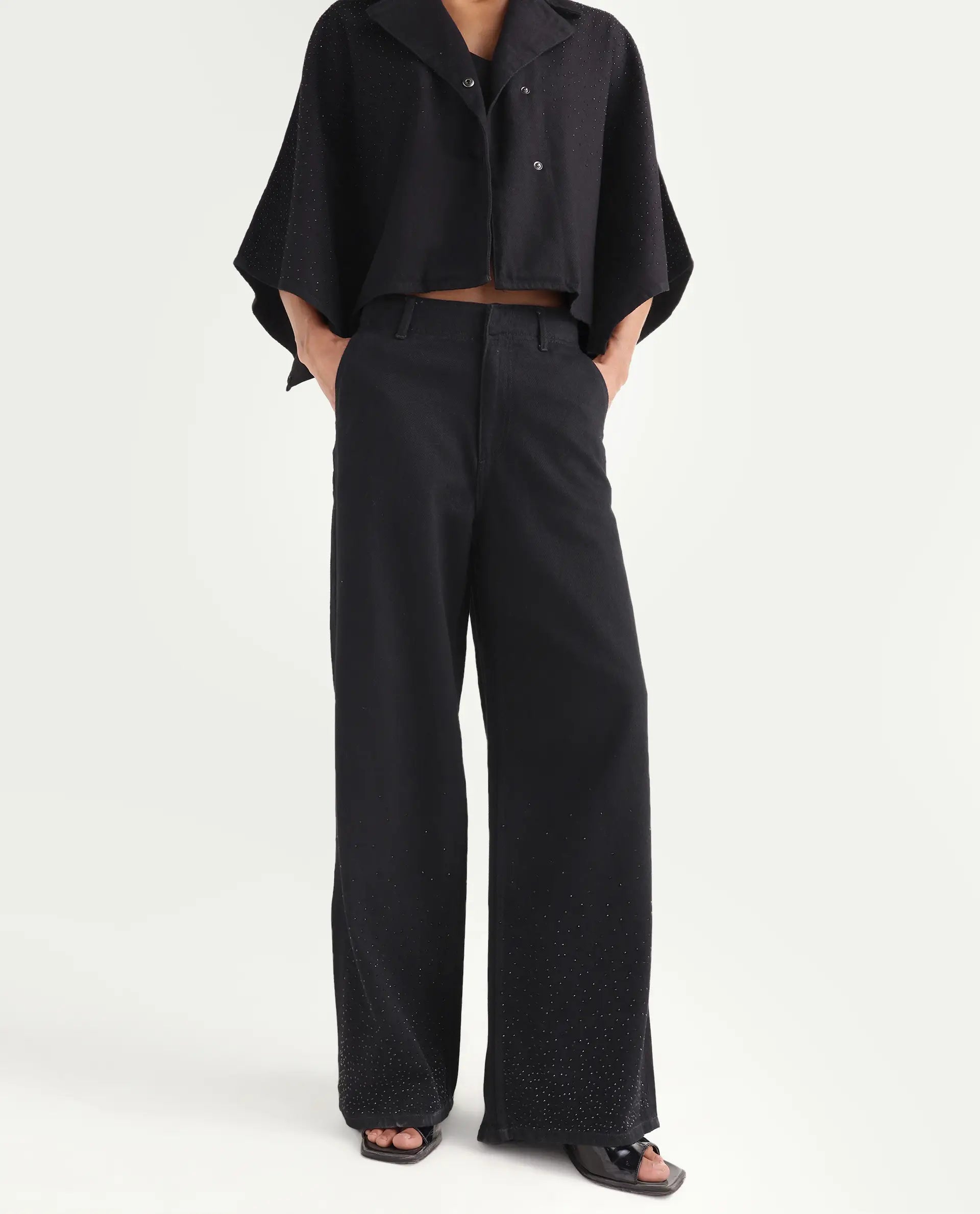 Rareism Women's Denir Black Cotton Wide Plain Denim