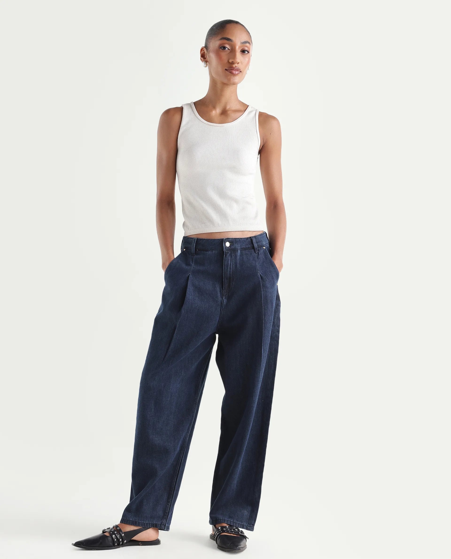 Rareism Women's Denop Dark Blue Cotton Tall Barrel Fit Plain Jeans