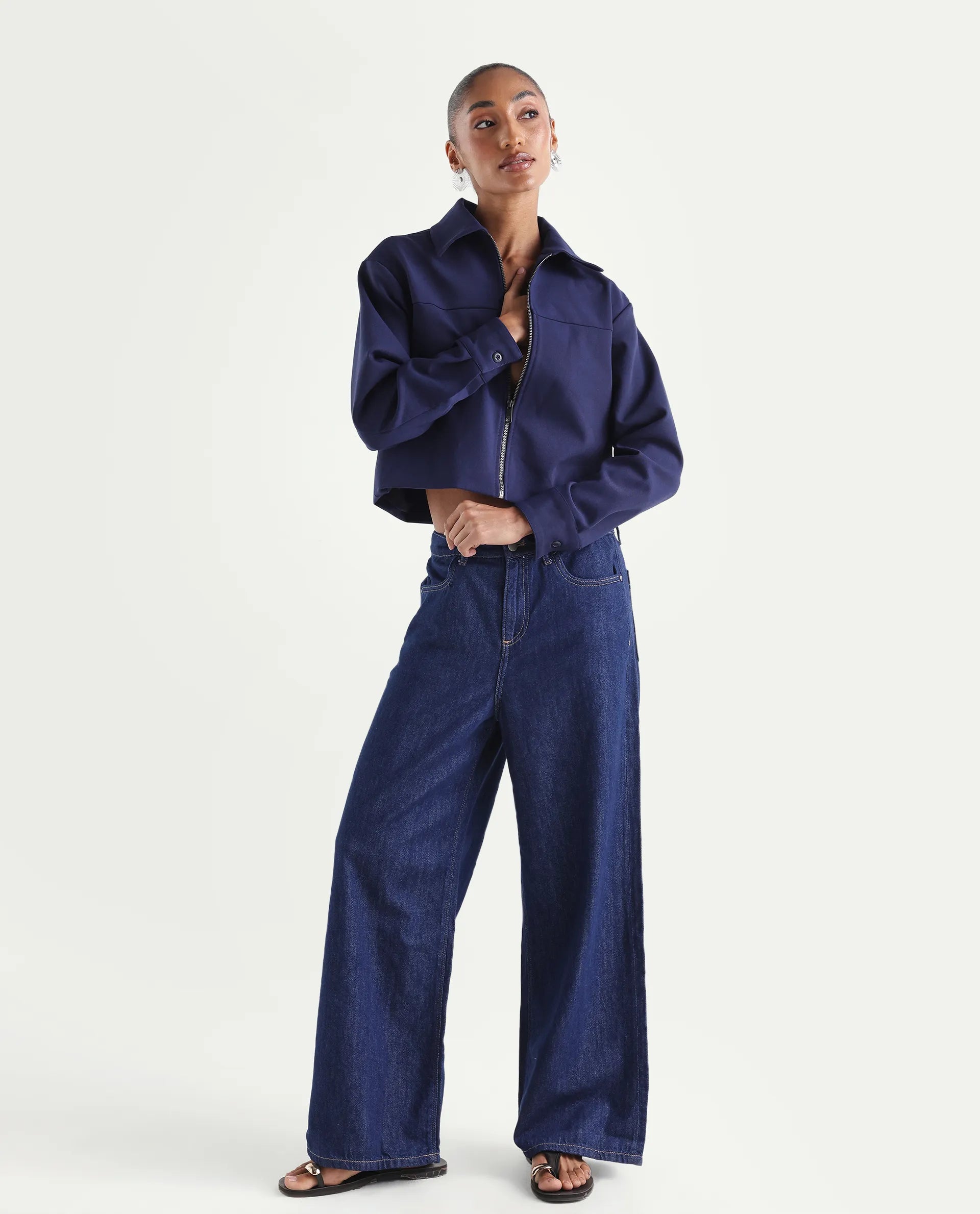 Rareism Women's Denio Dark Blue Cotton Wide Plain Jeans