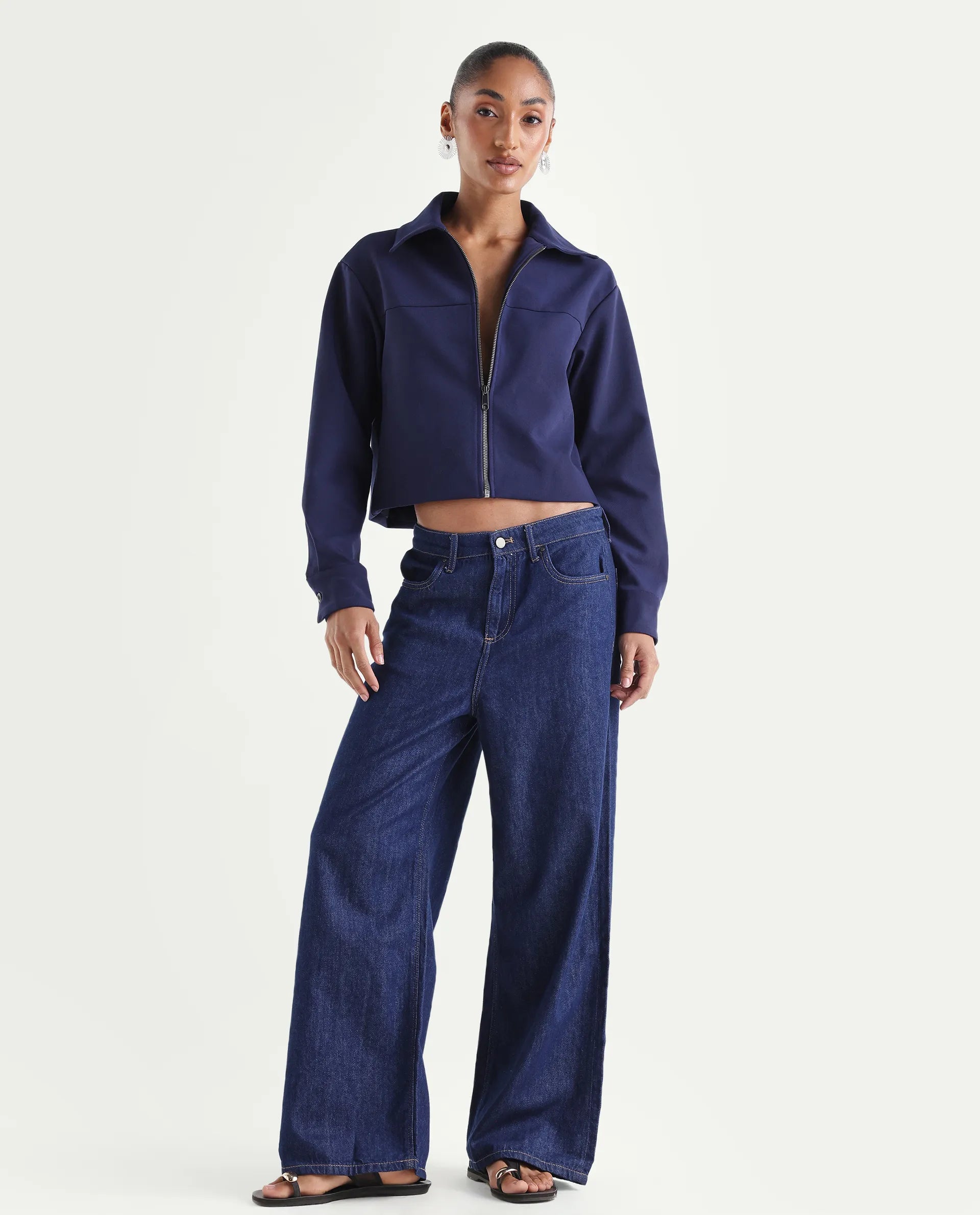 Rareism Women's Denio Dark Blue Cotton Wide Plain Jeans