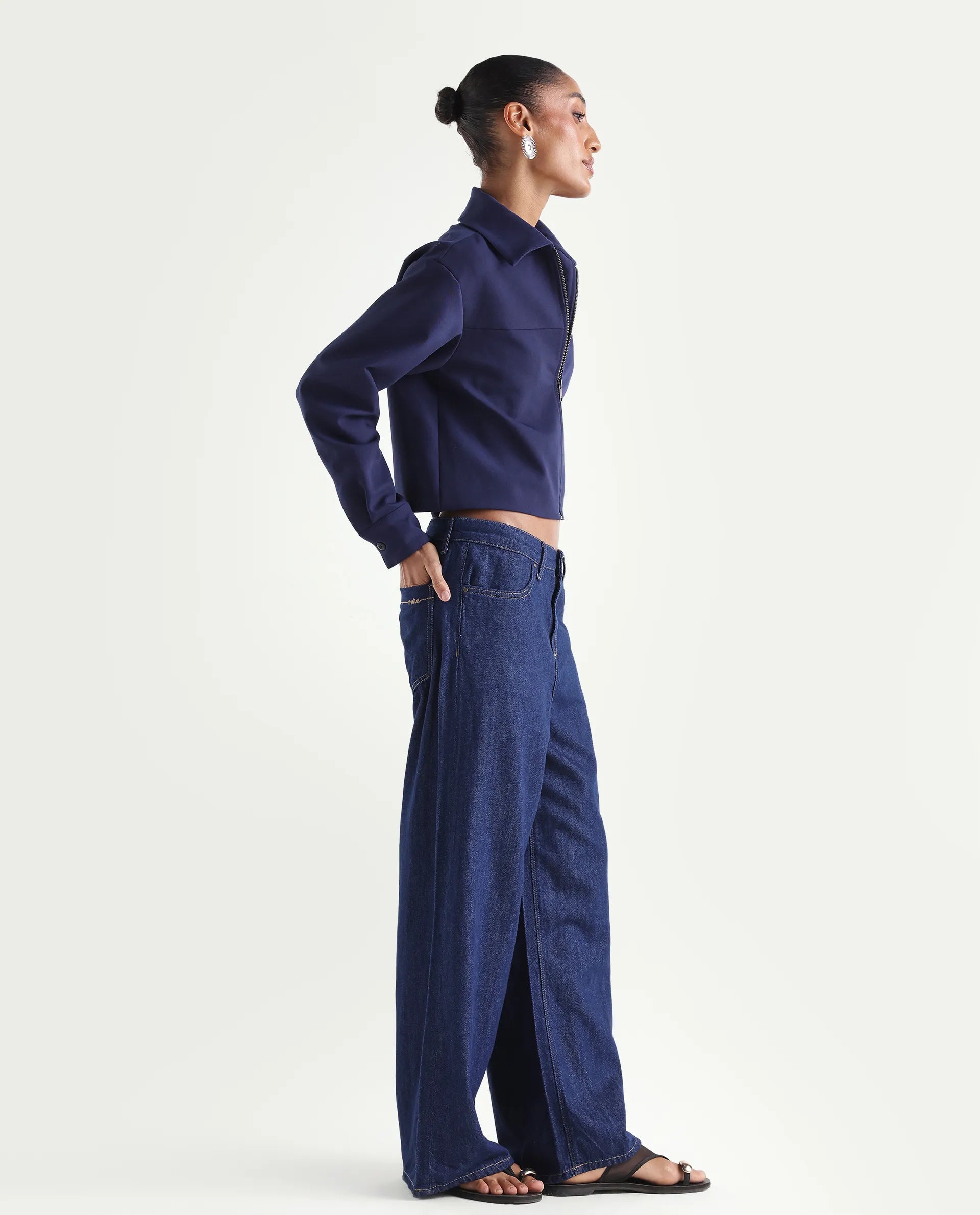 Rareism Women's Denio Dark Blue Cotton Wide Plain Jeans
