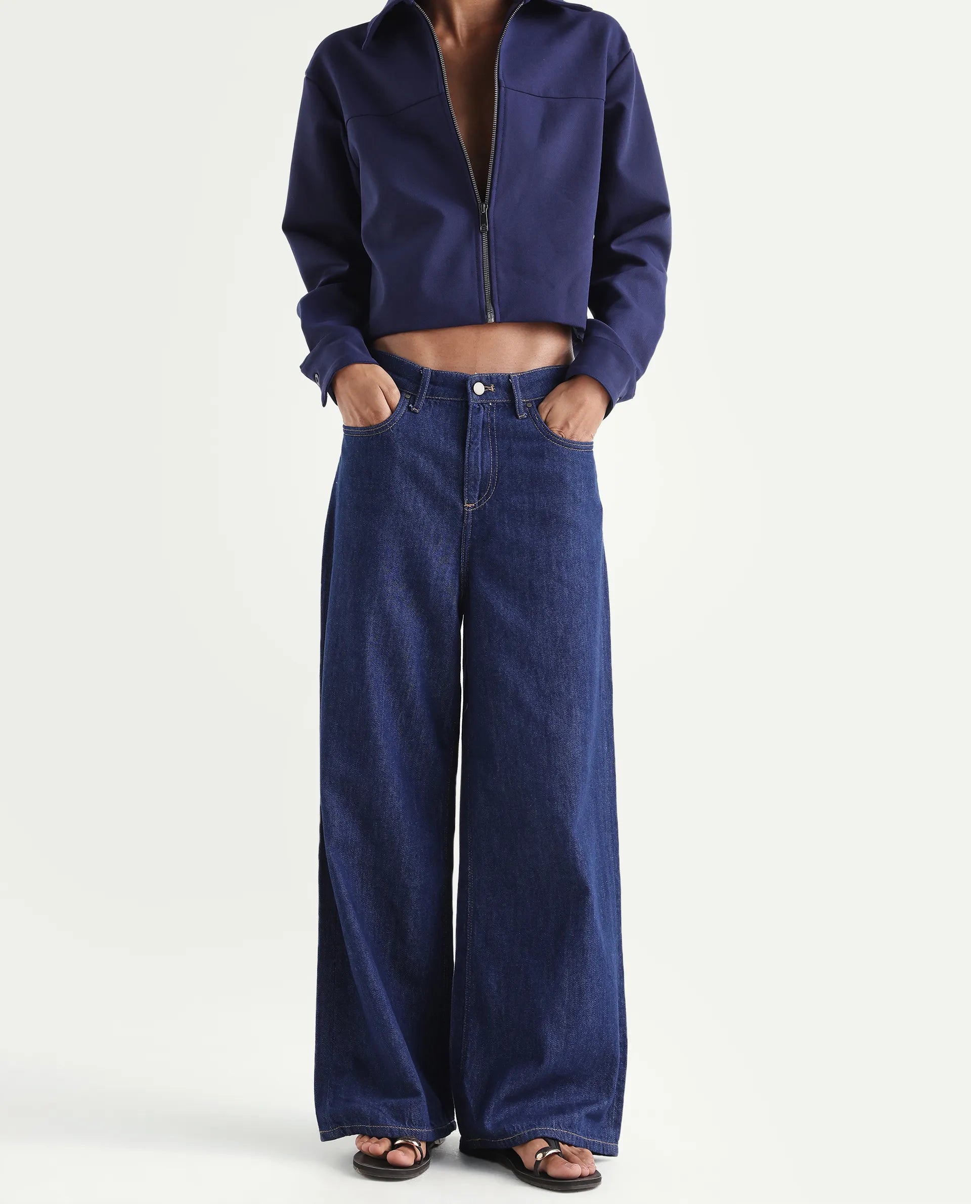 Rareism Women's Denio Dark Blue Cotton Wide Plain Jeans