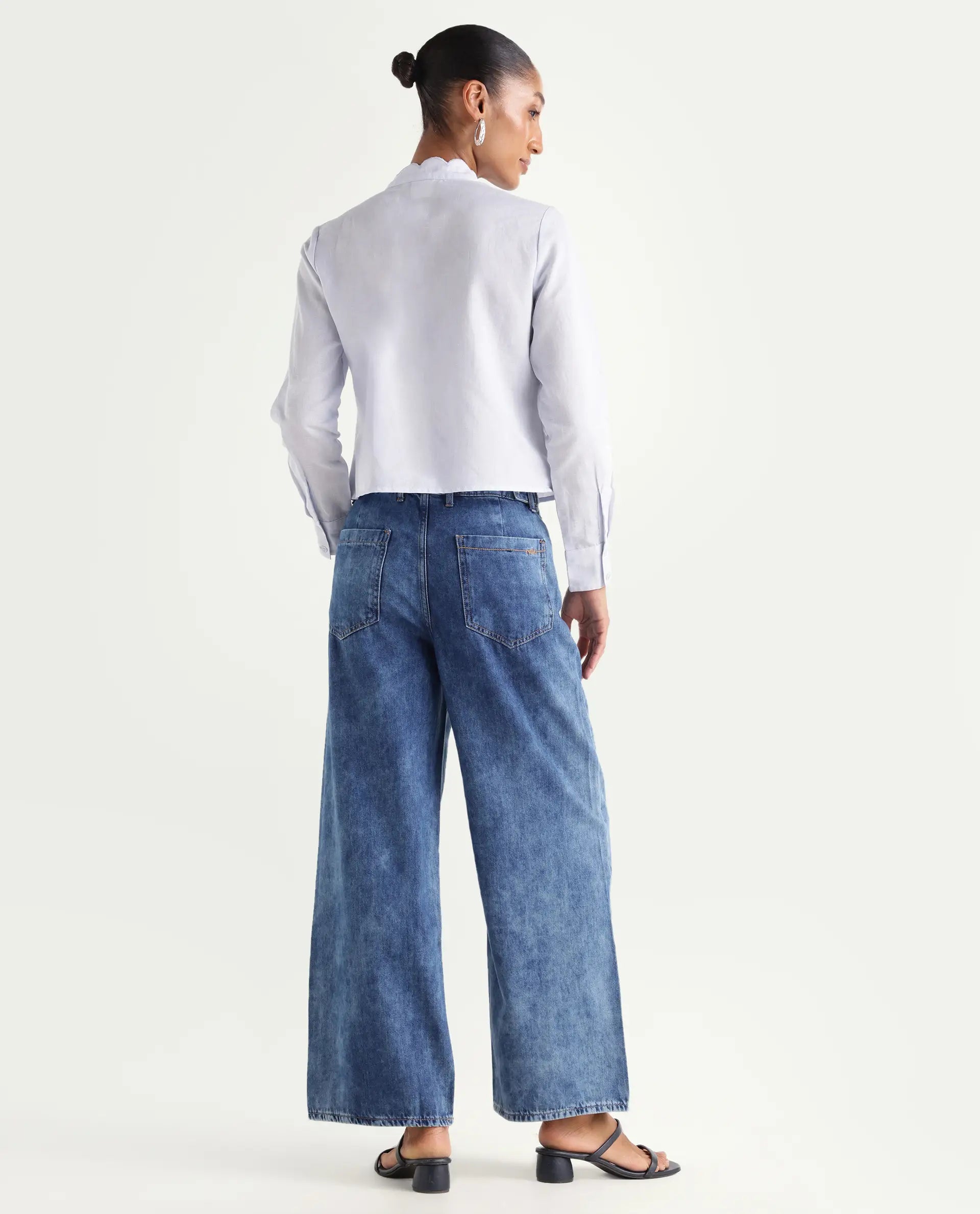 Rareism Women's Denil Light Blue Cotton Wide Leg Plain Jeans