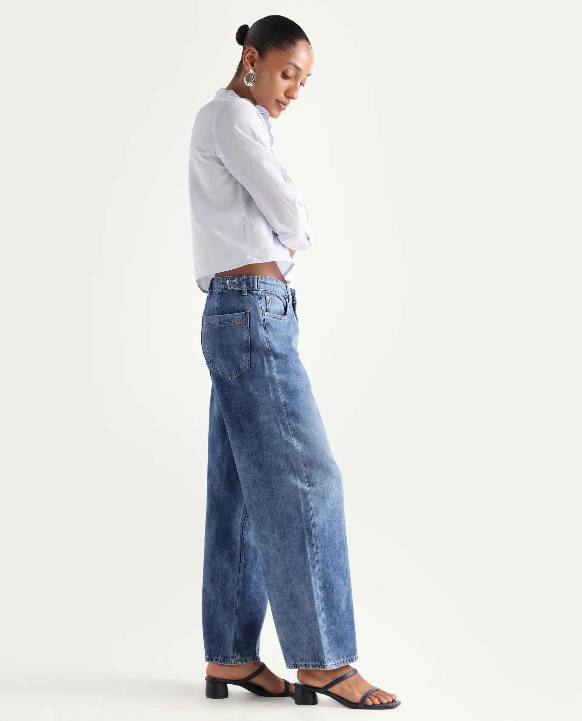 Rareism Women's Denil Light Blue Cotton Wide Leg Plain Jeans