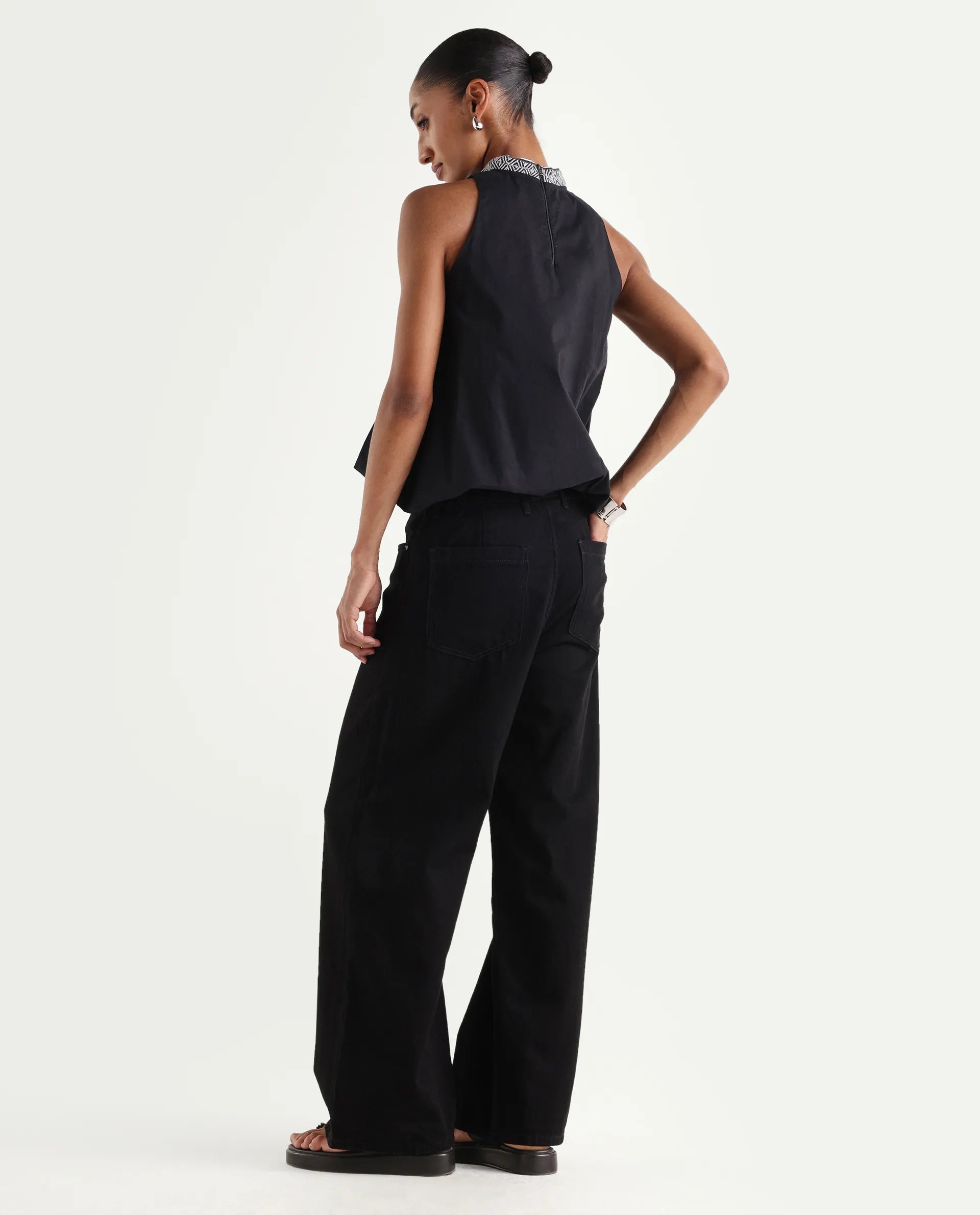 Rareism Women's Denik Black Cotton Wide Plain Jeans