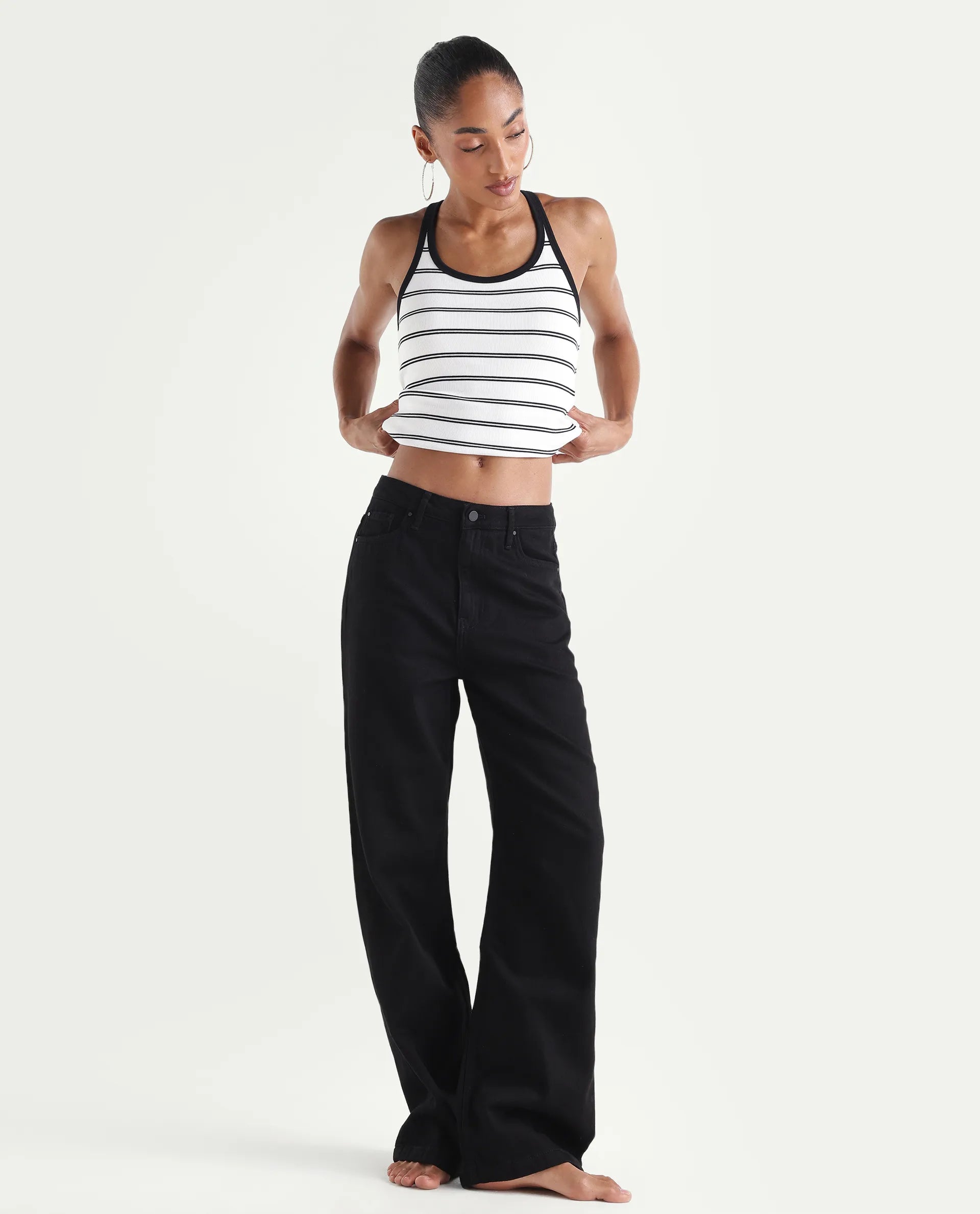 Rareism Women's Denmy Black Cotton Straight Plain Jeans