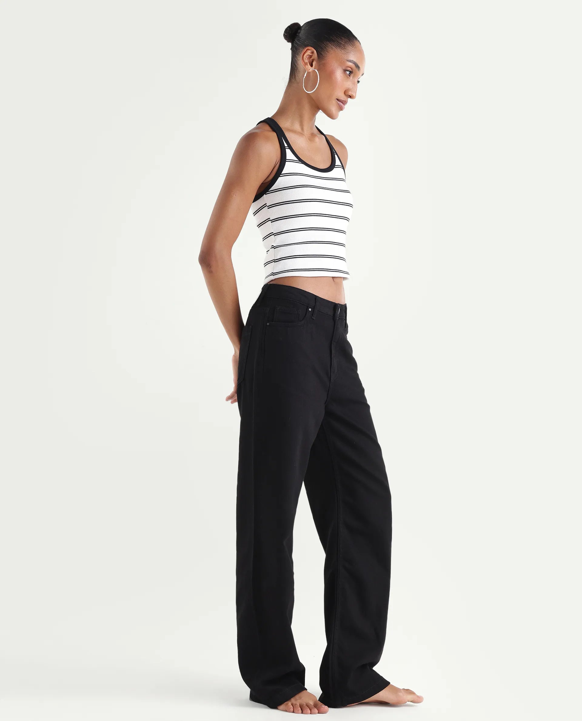 Rareism Women's Denmy Black Cotton Straight Plain Jeans