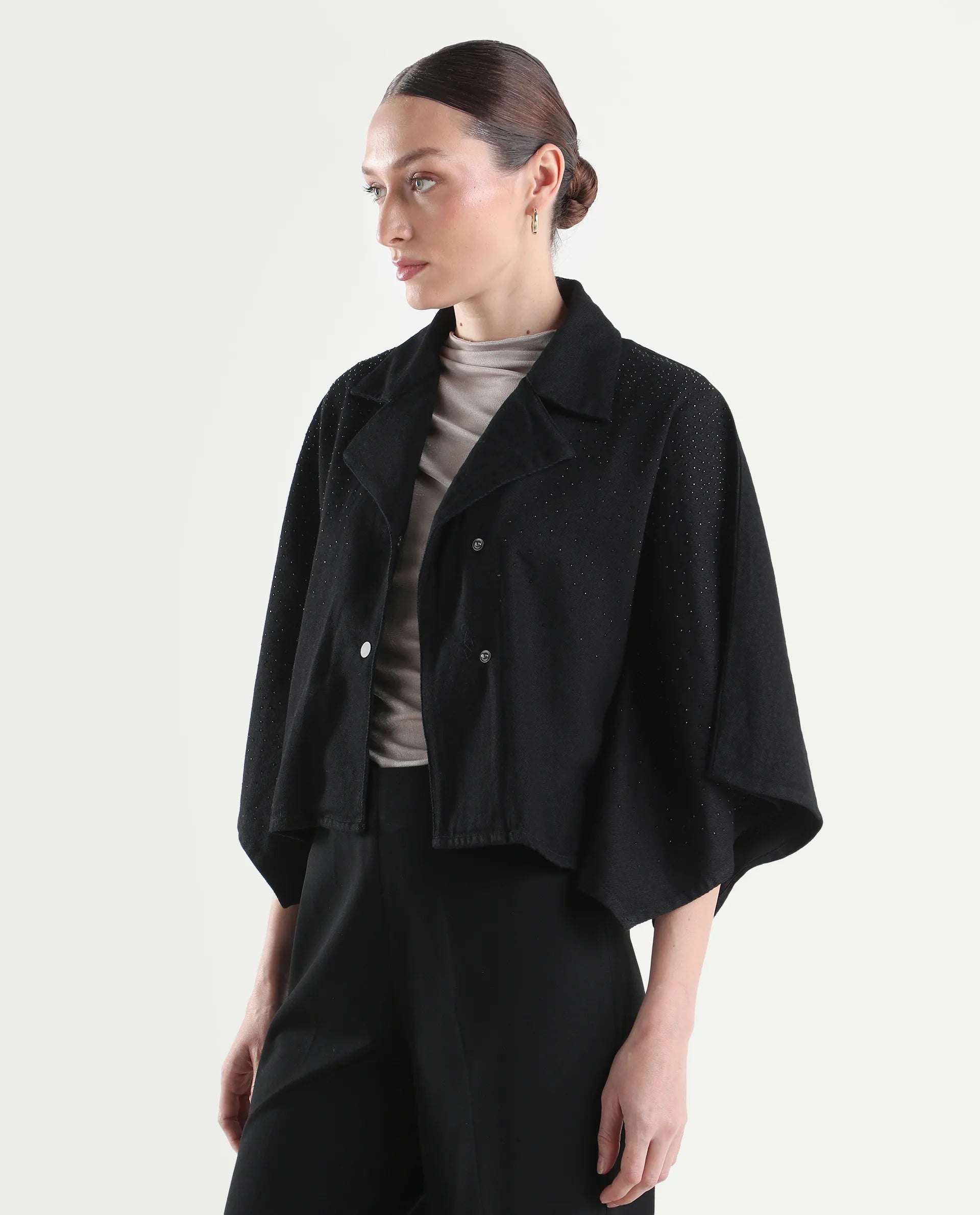 Rareism Women's Denmar Dark Blue Cotton Spread Collar Regular Plain Jacket