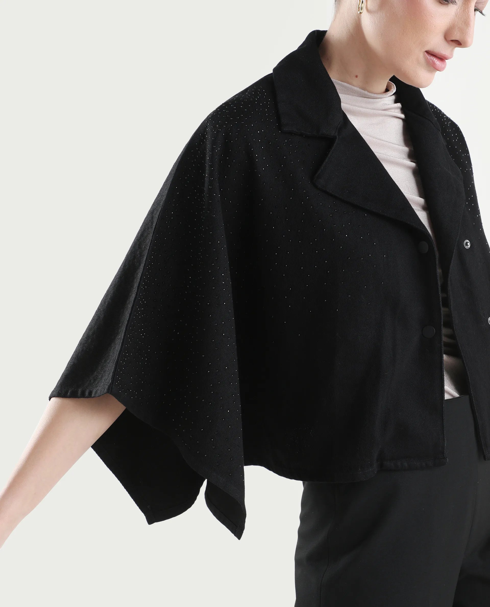 Rareism Women's Denmar Dark Blue Cotton Spread Collar Regular Plain Jacket