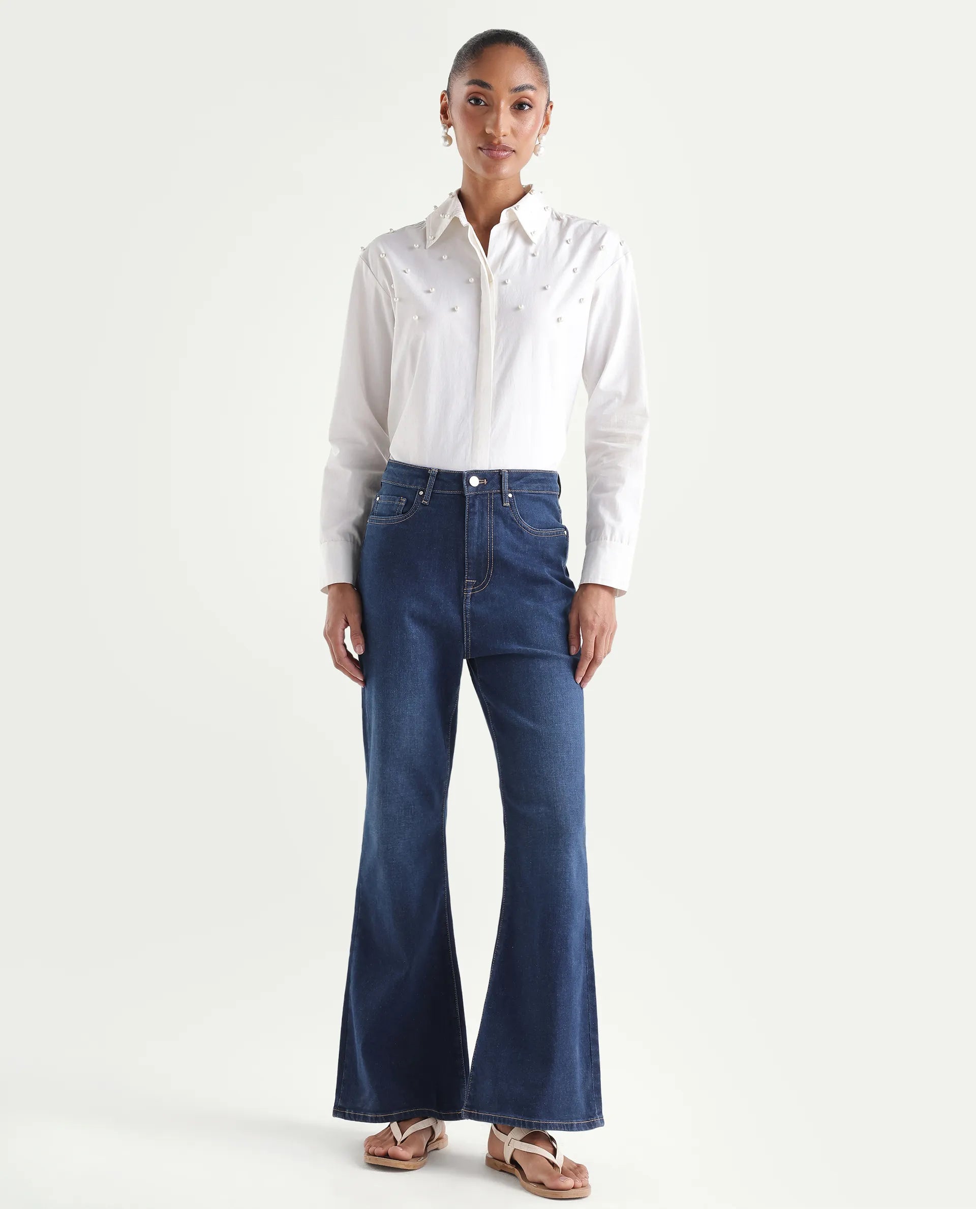 Rareism Women's Denfa Dark Blue Cotton Blend Bootcut Plain Jeans