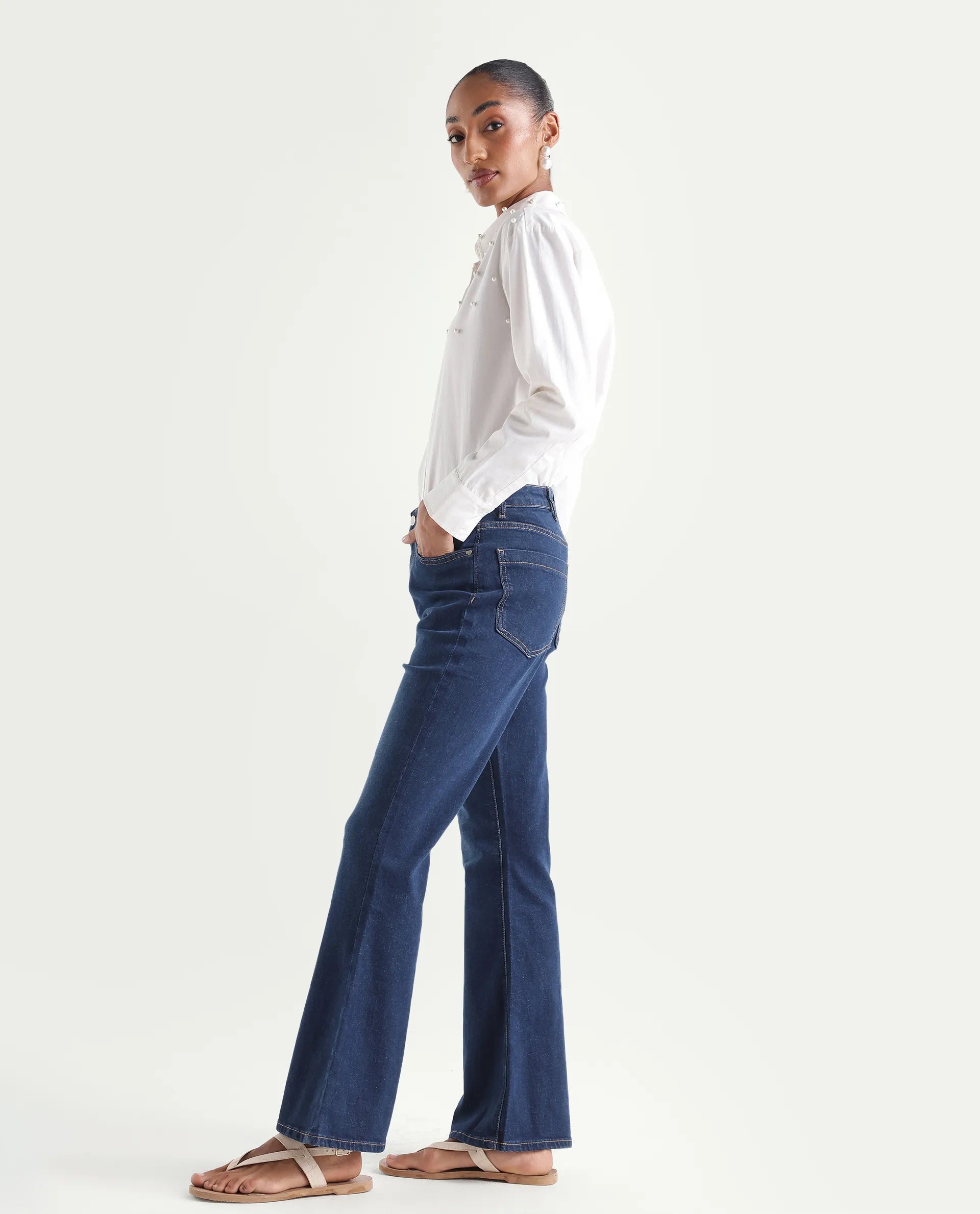 Rareism Women's Denfa Dark Blue Cotton Blend Bootcut Plain Jeans