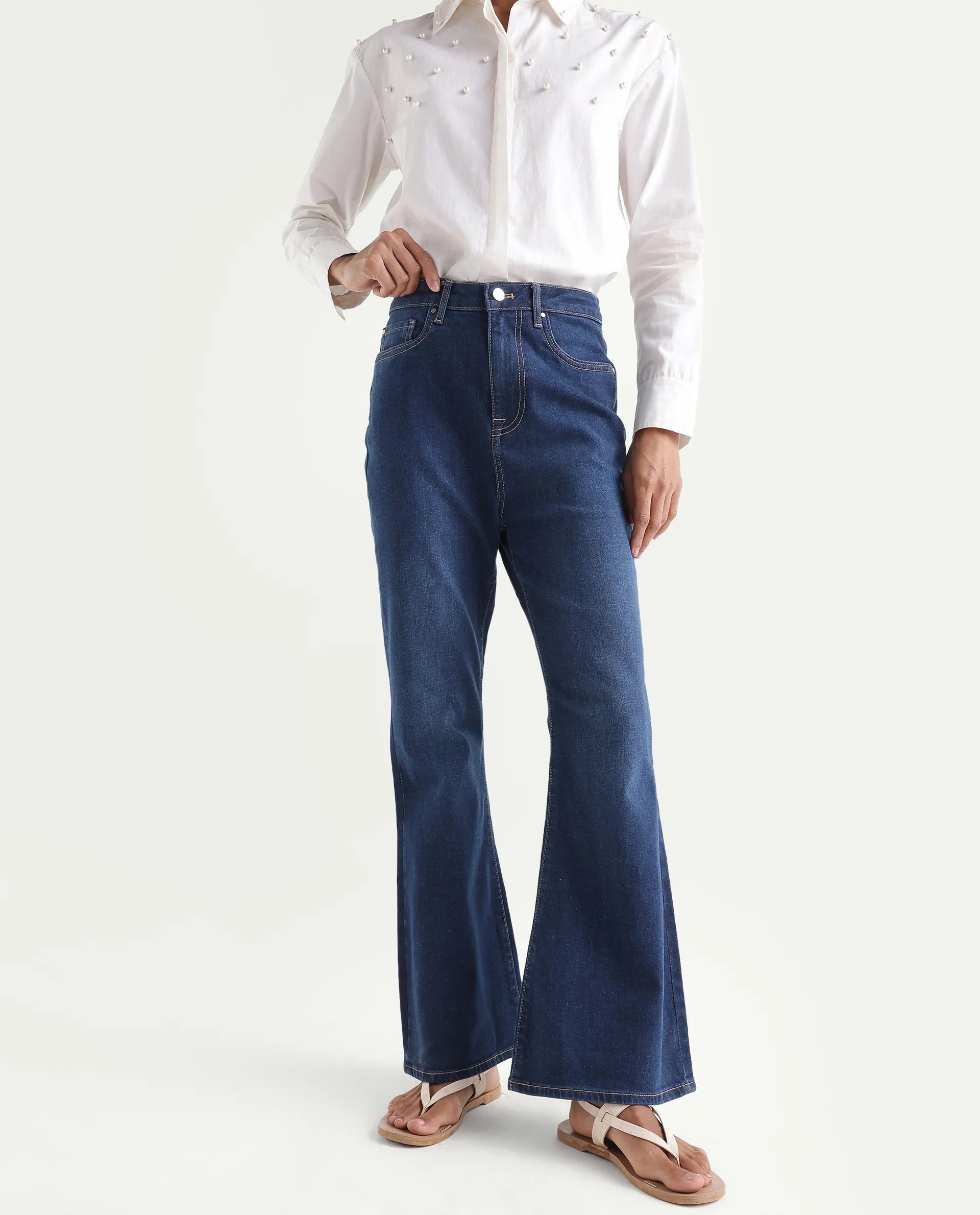 Rareism Women's Denfa Dark Blue Cotton Blend Bootcut Plain Jeans
