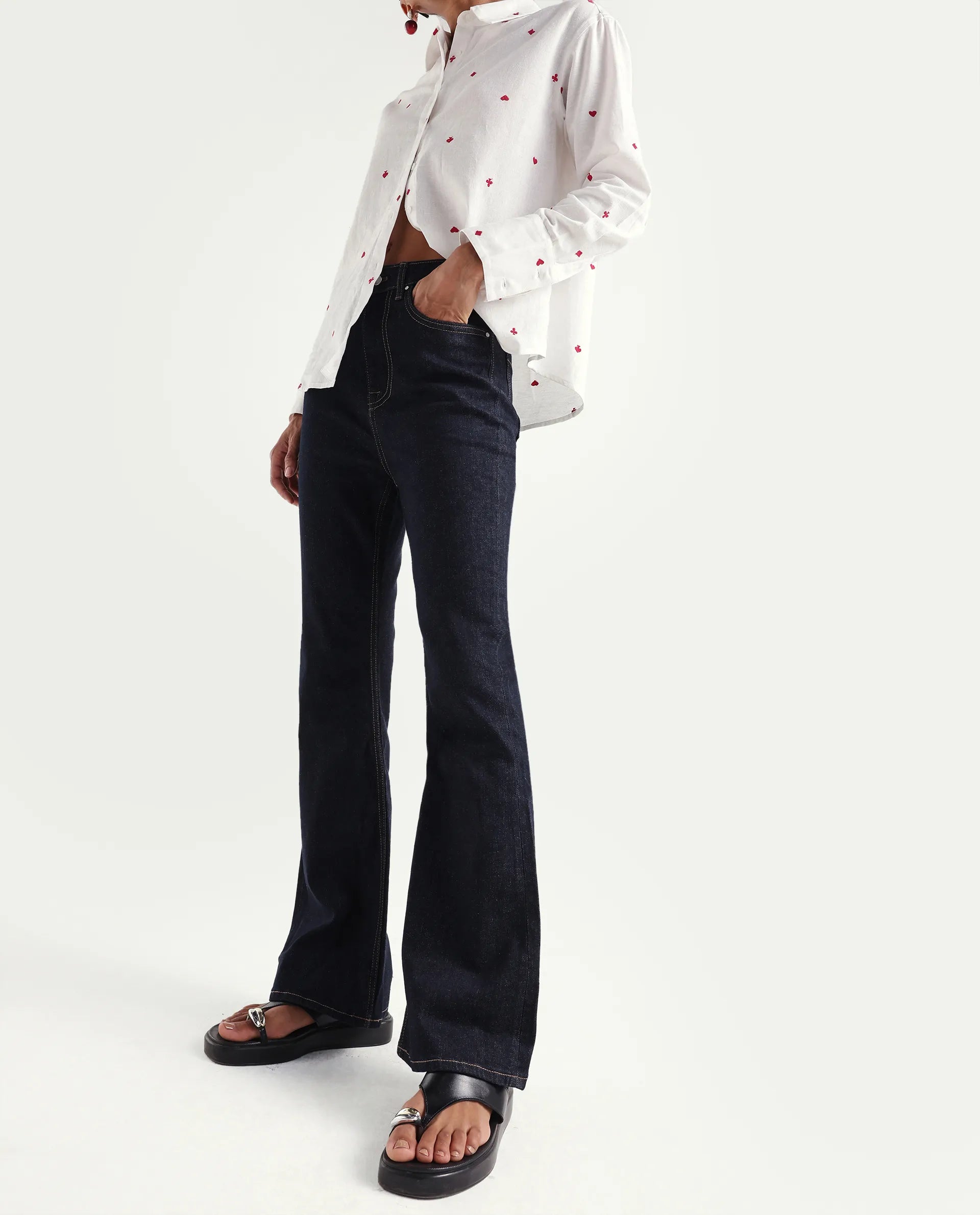Rareism Women's Denon Dark Navy Cotton Blend Bootcut Plain Jeans